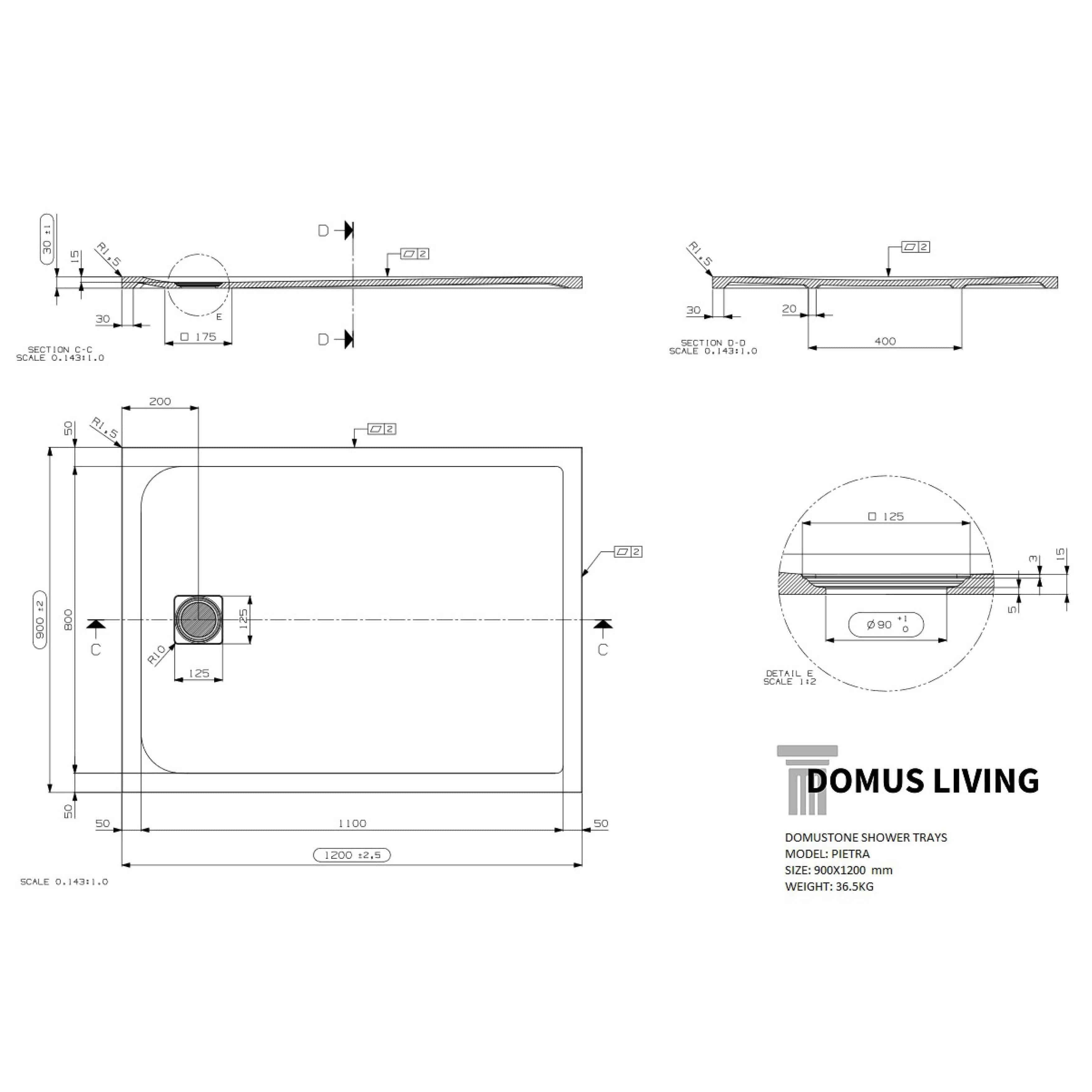 Domus Living Pietra Shower Tray 900mm X 1200mm - Burdens Plumbing