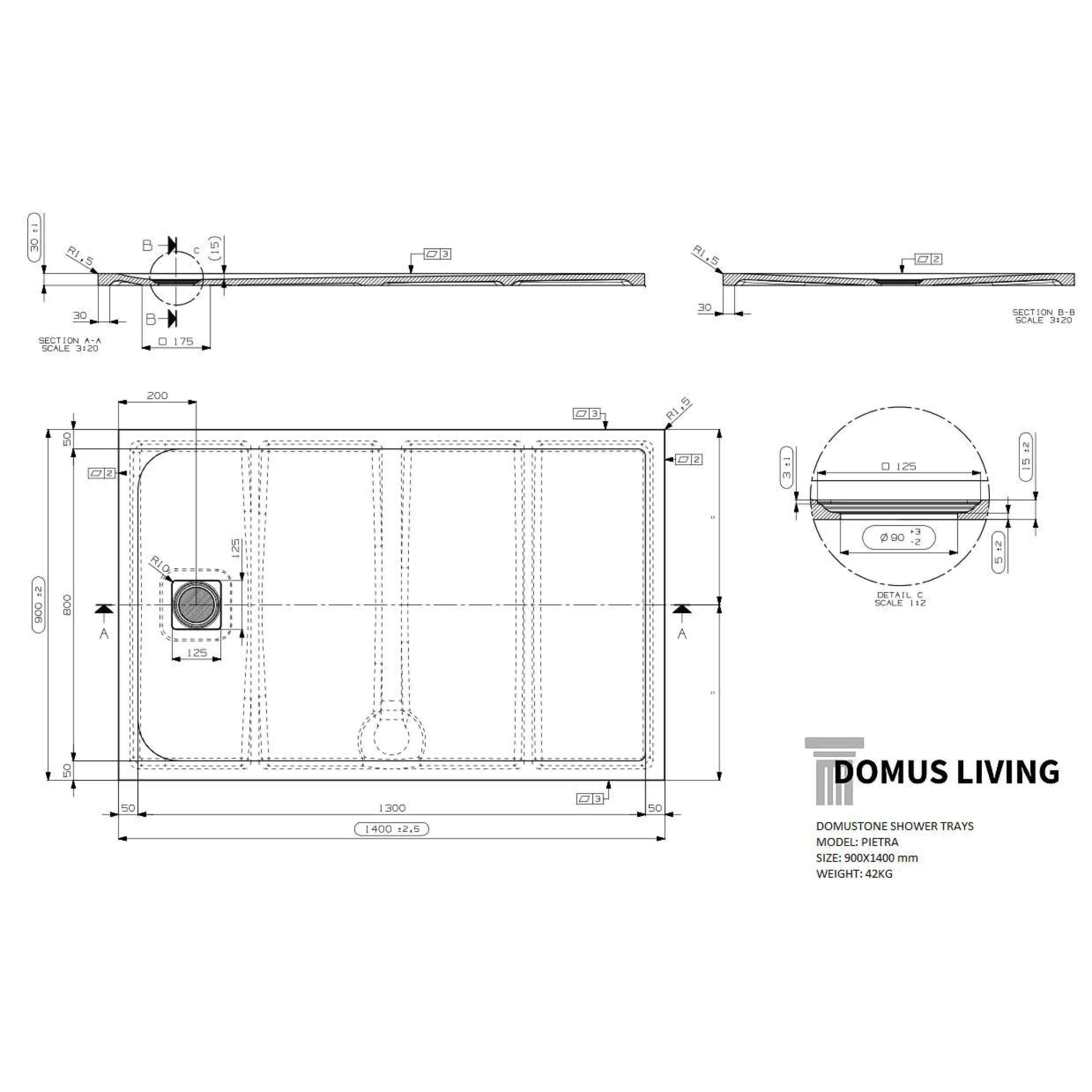 Domus Living Pietra Shower Tray 900mm X 1400mm - Burdens Plumbing