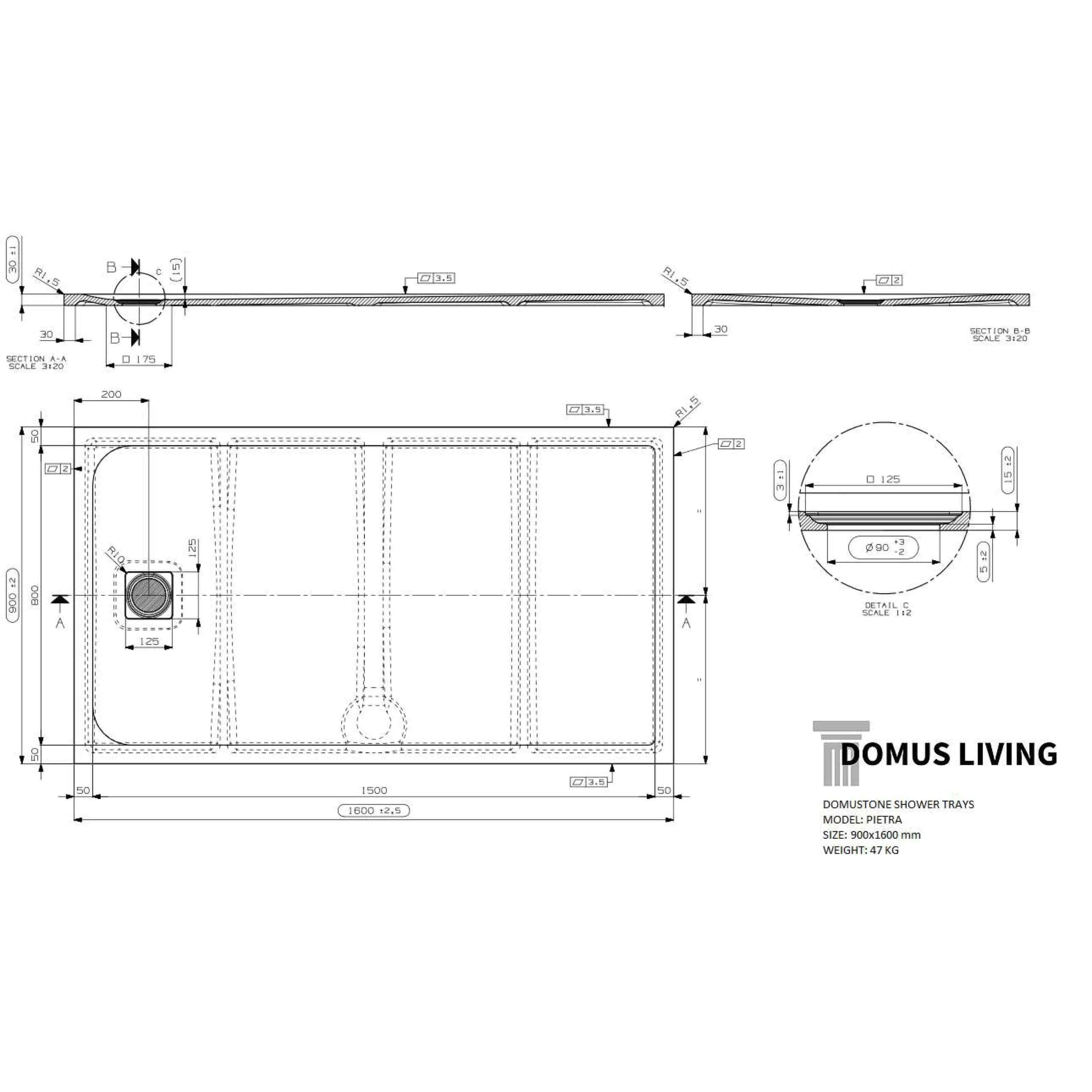 Domus Living Pietra Shower Tray 900mm X 1600mm - Burdens Plumbing