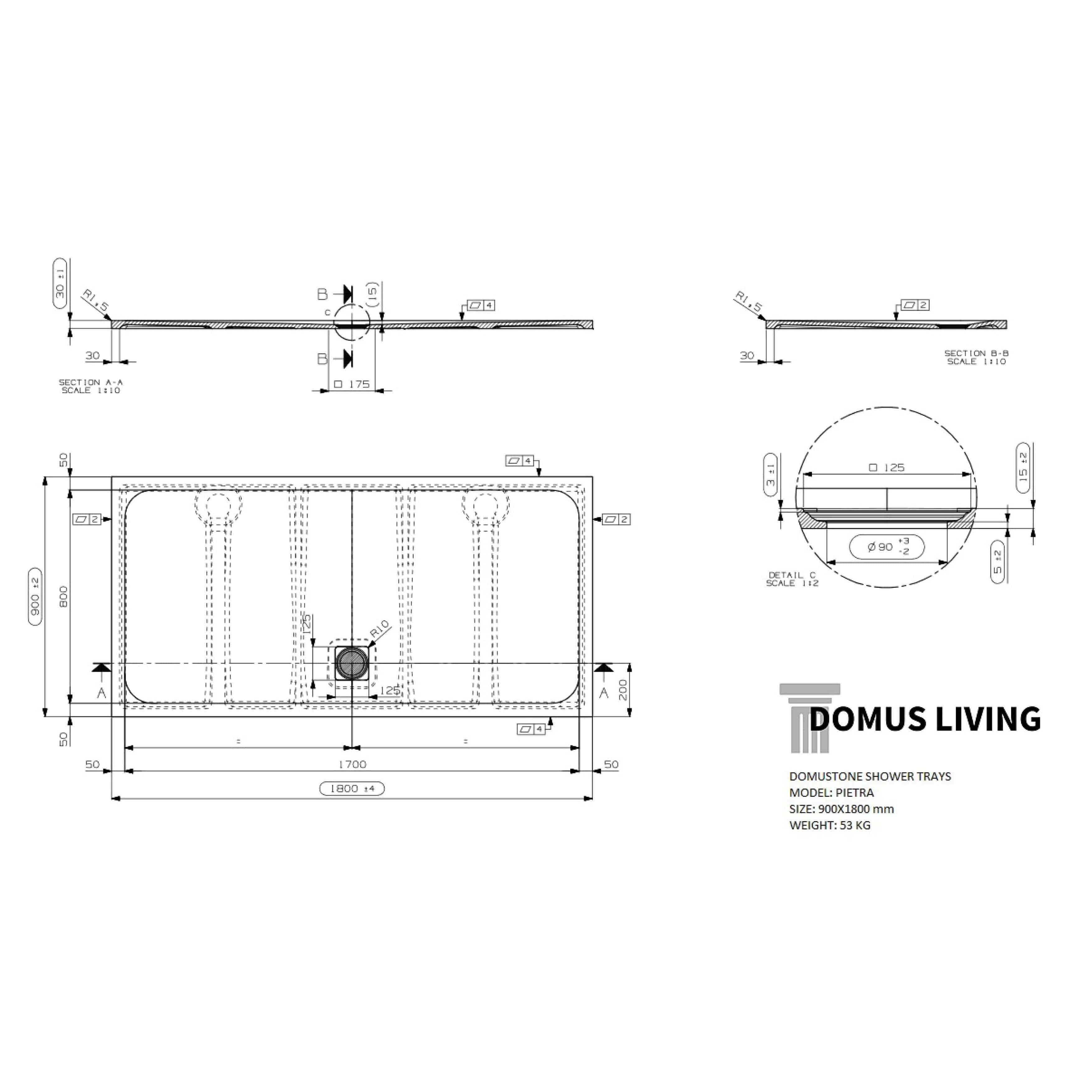 Domus Living Pietra Shower Tray 900mm X 1800mm - Burdens Plumbing