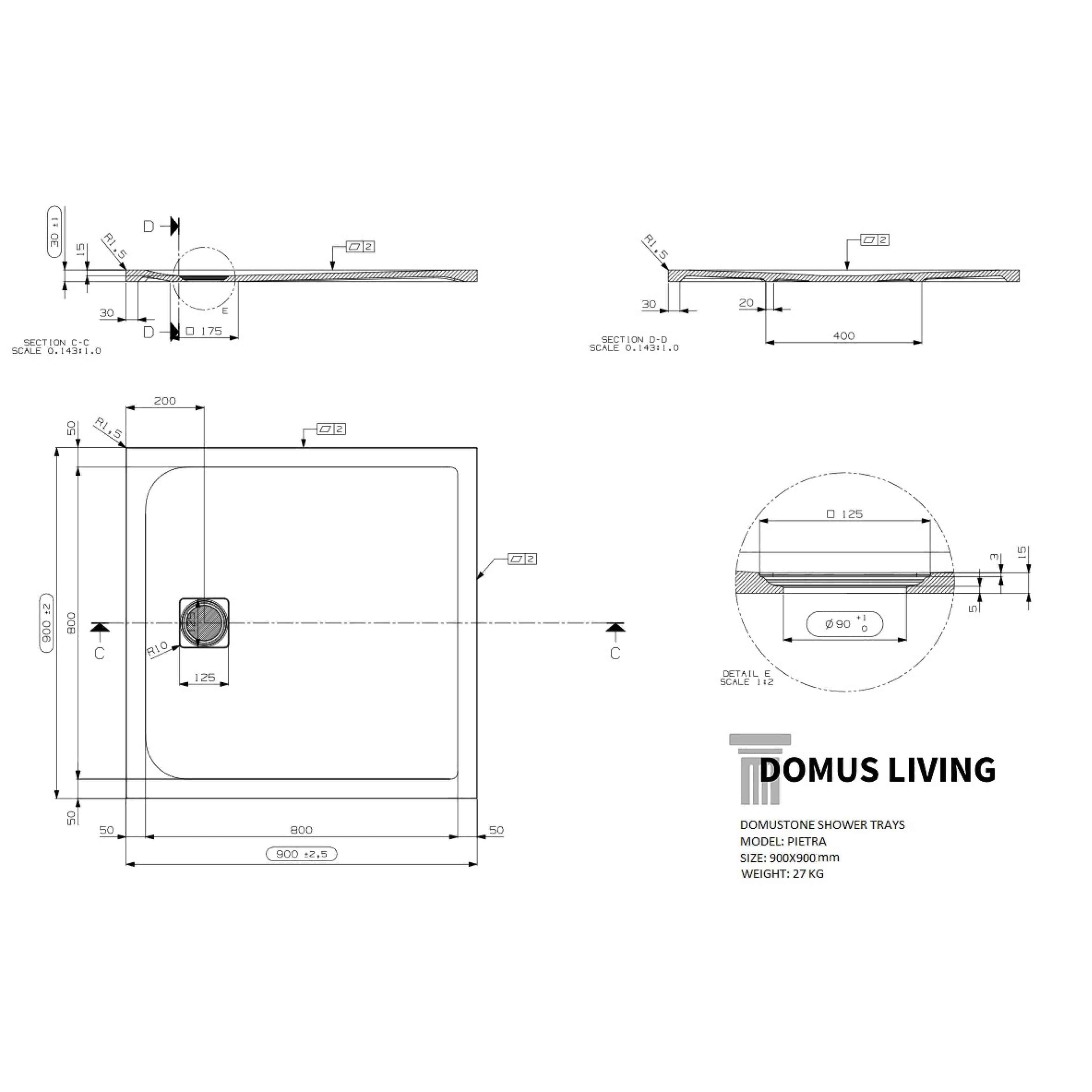 Domus Living Pietra Shower Tray 900mm X 900mm - Burdens Plumbing
