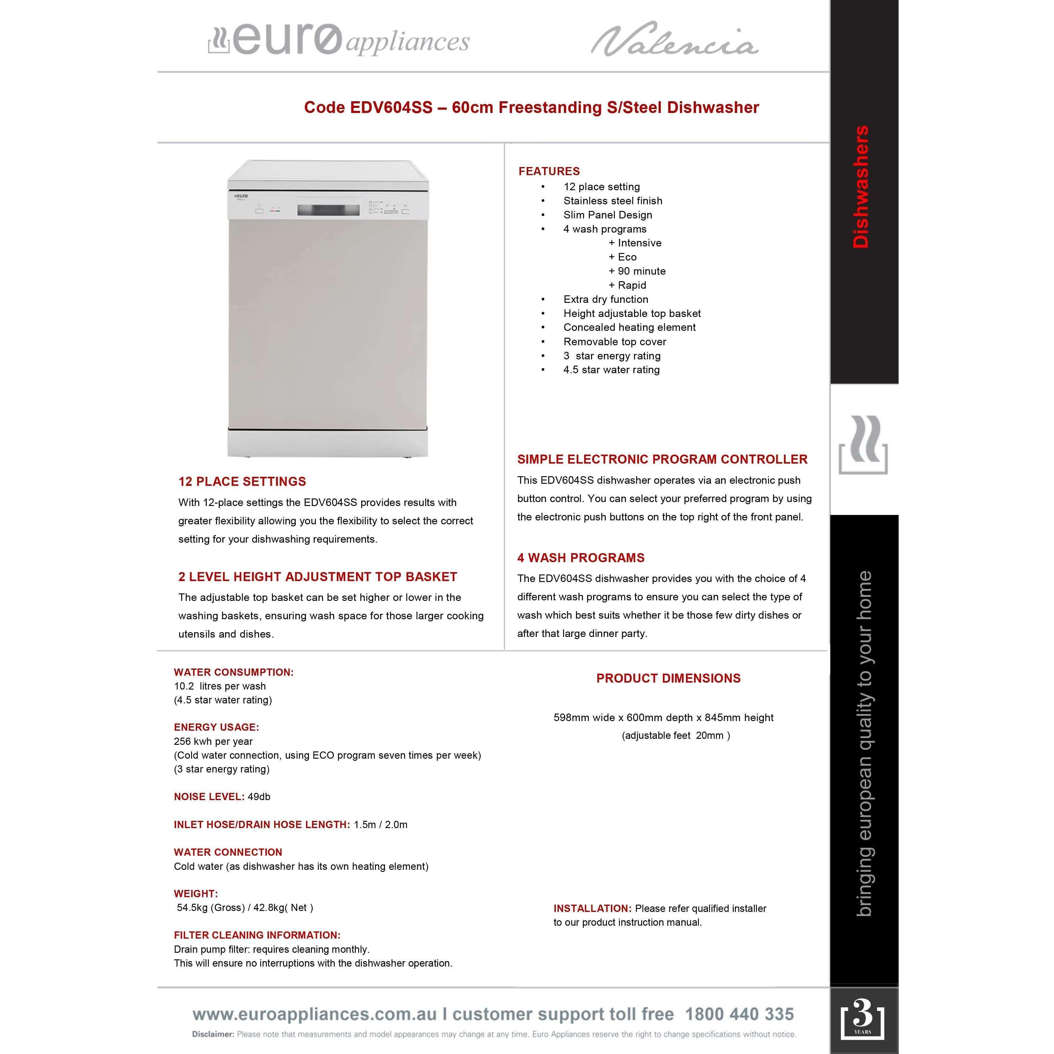 Euro Dishwasher 60Cm Freestanding Edv604Ss - Burdens Plumbing