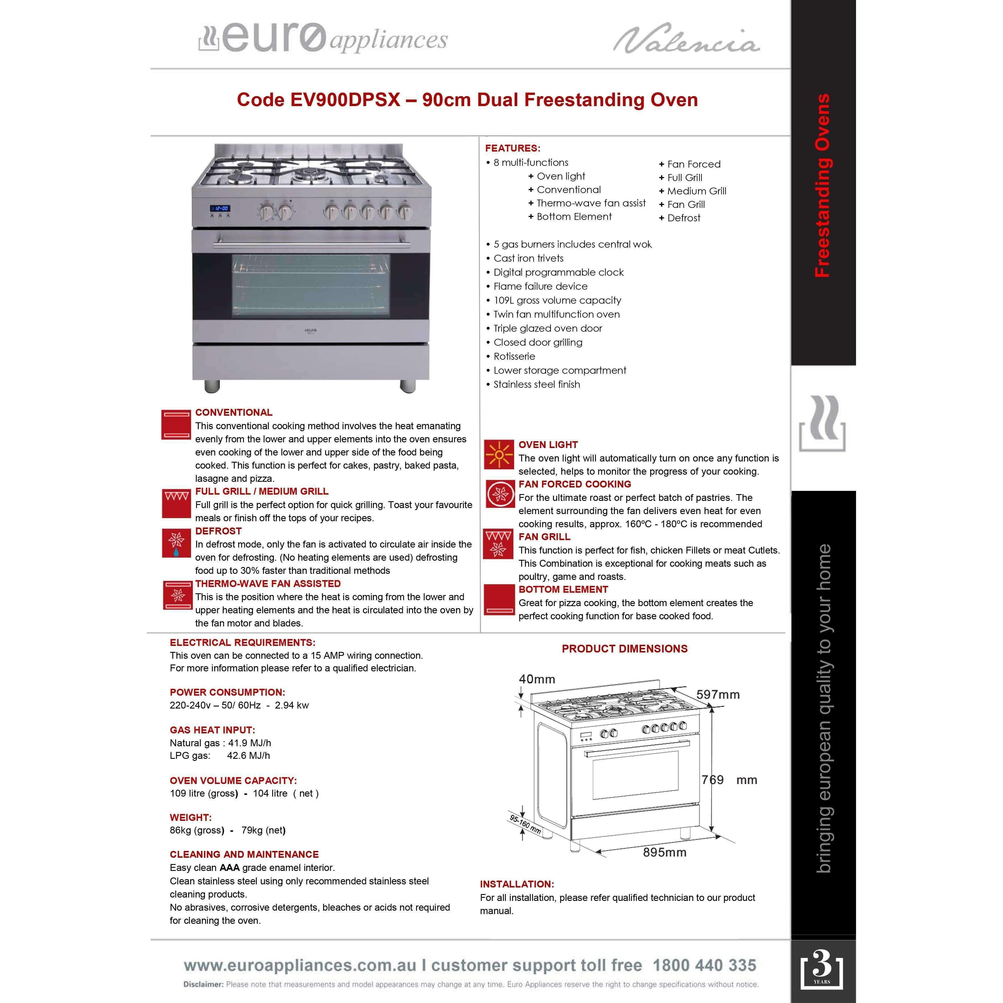 Euro Electric 90Cm F/Standing Multifunction Oven Gas Cooktop - Burdens Plumbing
