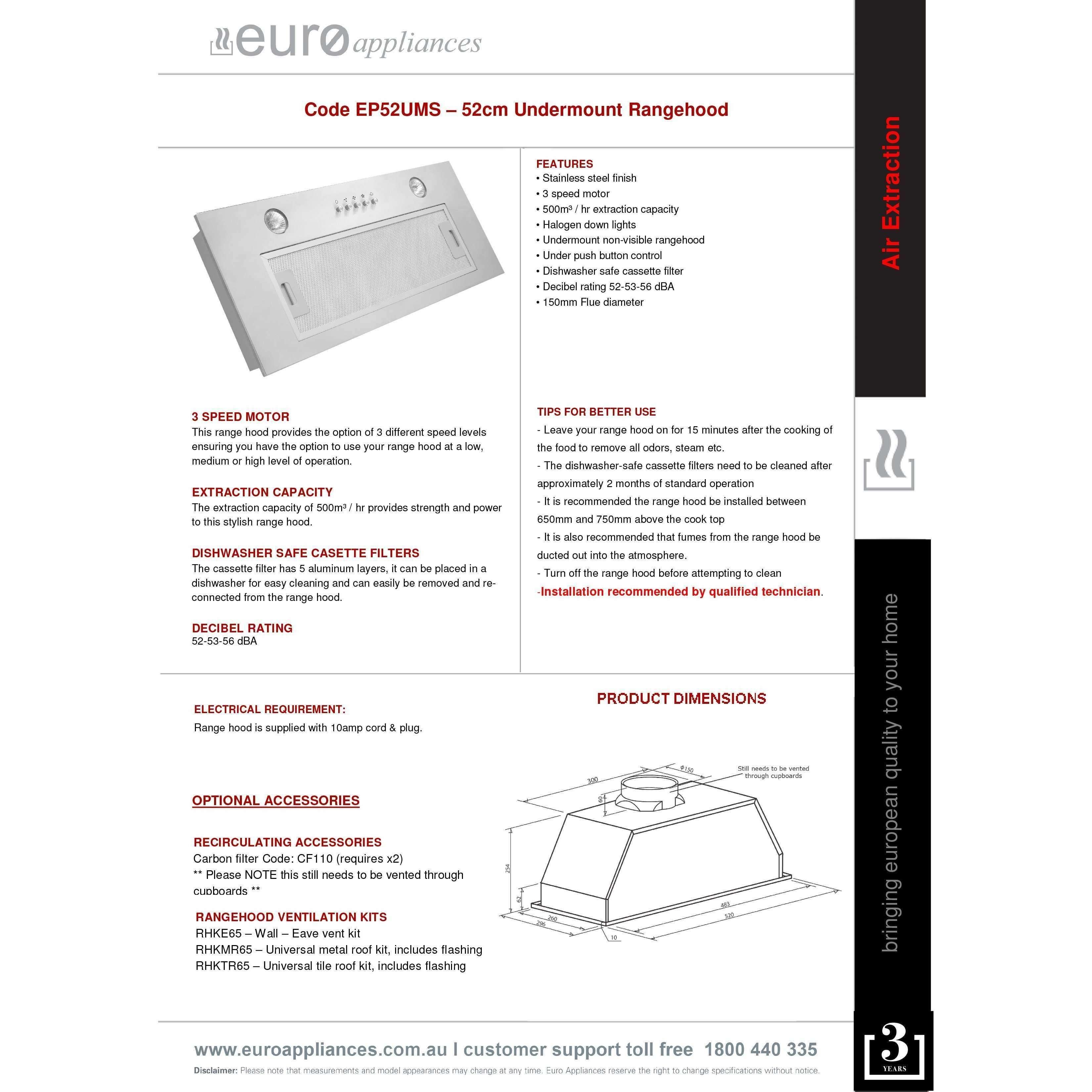 Euro Undermount Rangehood 52Cm Ep52Ums - Burdens Plumbing