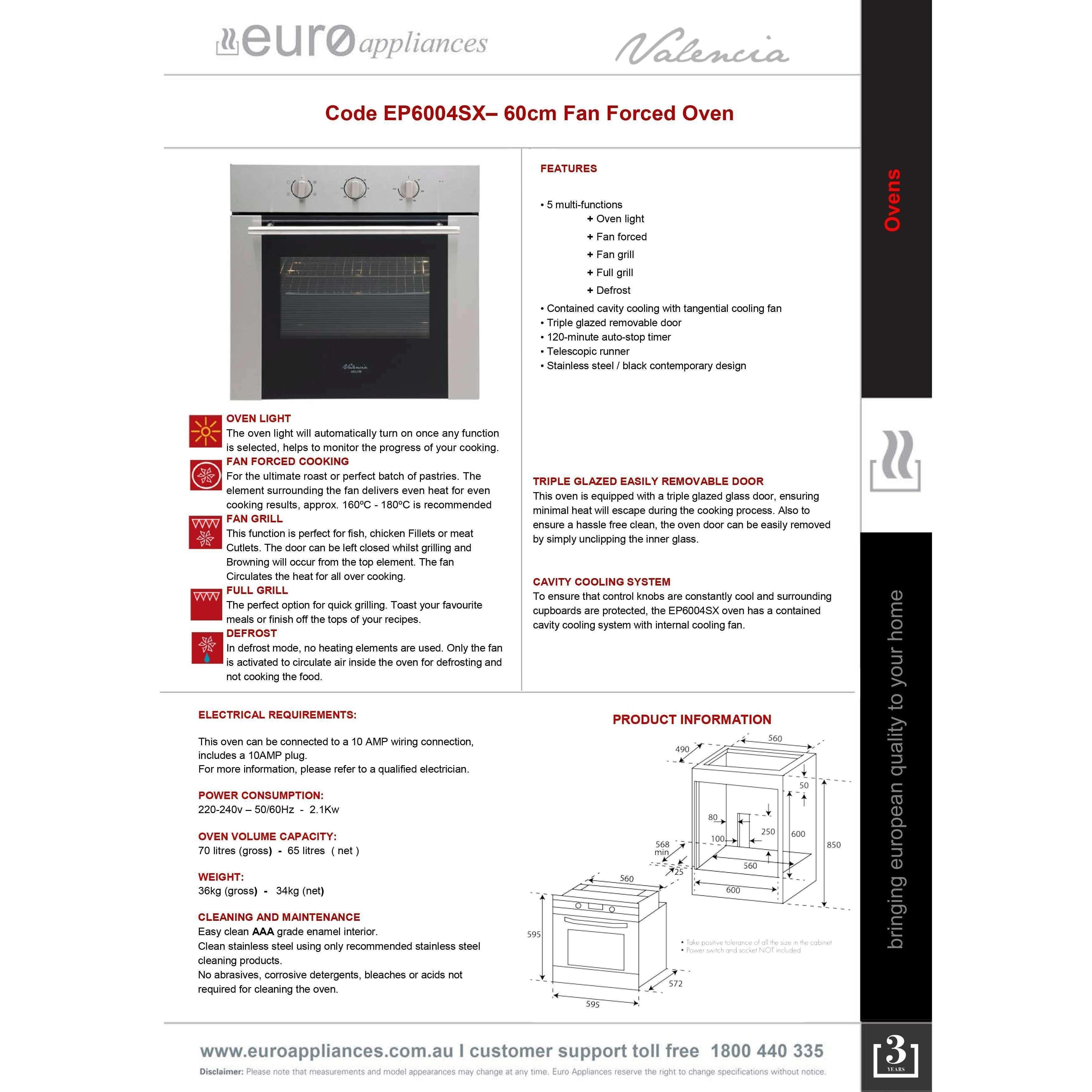 Euro Valencia 60Cm Elect F/F 4 Funct Oven S/Steel Ep6004Sx - Burdens Plumbing