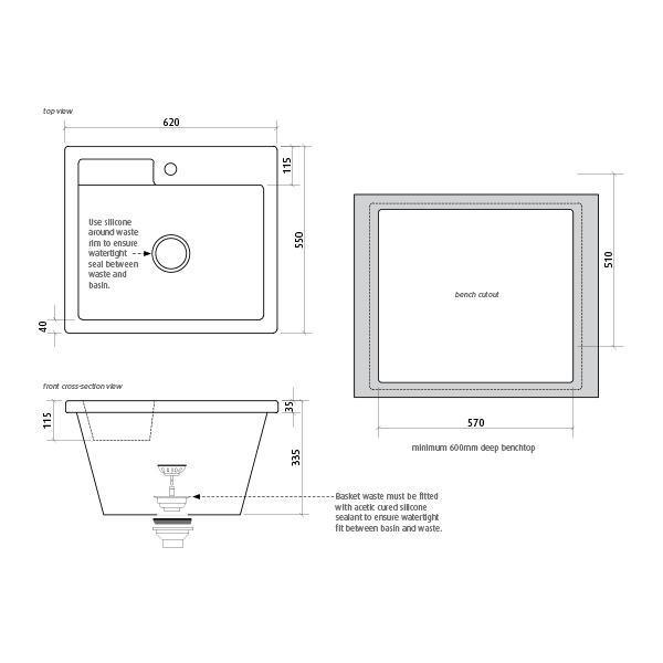 Eva Ceramic Laundry Sink 45L 620X550 0T By Seima(Seima P#:Sbc-620-0T) - Burdens Plumbing