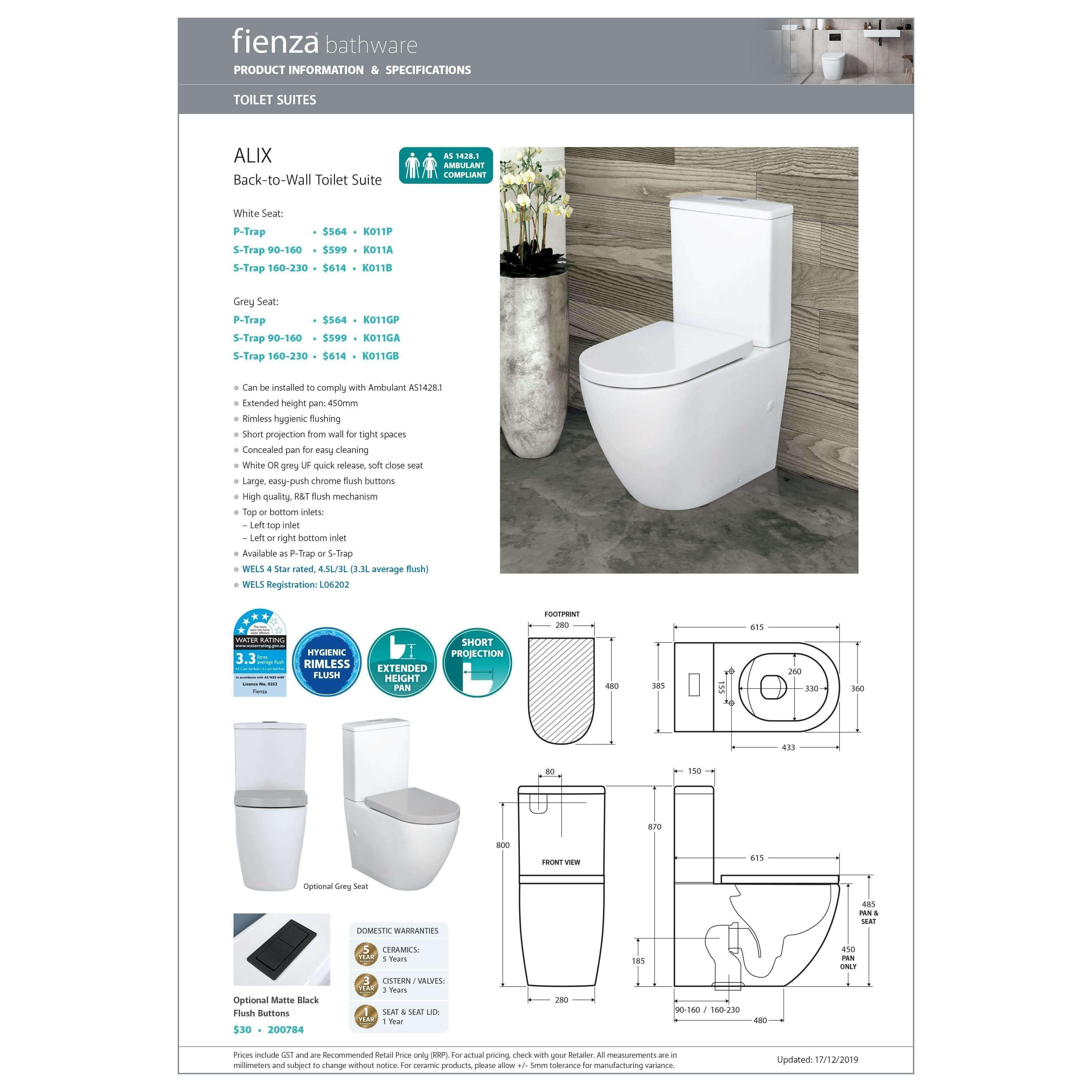 Fienza Alix Rimless S Trap Toilet Suite 90-160 K011A - Burdens Plumbing