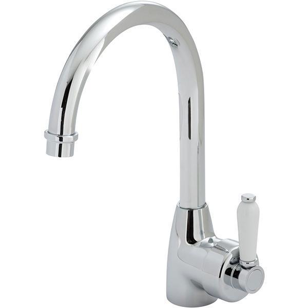 Fienza Eleanor Gooseneck Kitchen Sink Mixer Chrome White Handle 202109 - Burdens Plumbing