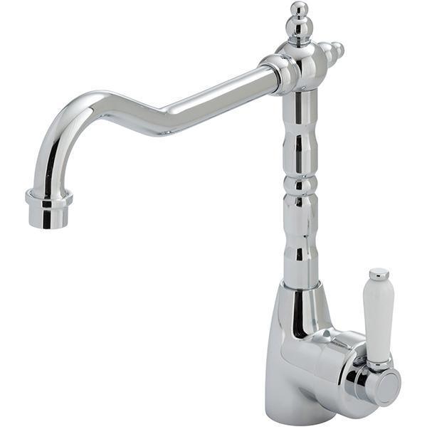 Fienza Eleanor Shepherds Crook Kitchen Sink Mixer C/P White Ceramic Handle - Burdens Plumbing