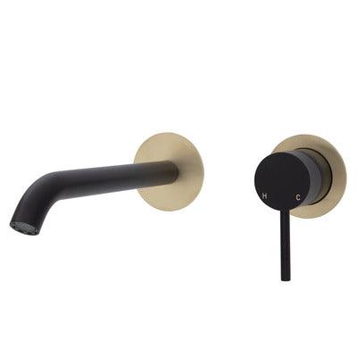 Fienza Kaya Basin/Bath Wall Mixer 200mm Outlet Set Matte Black Round Urban Brass Plates - Burdens Plumbing