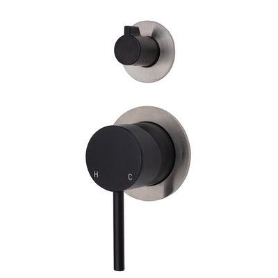 Fienza Kaya Divertor Mixer Matte Black Small Round Brushed Nickel Plates - Burdens Plumbing