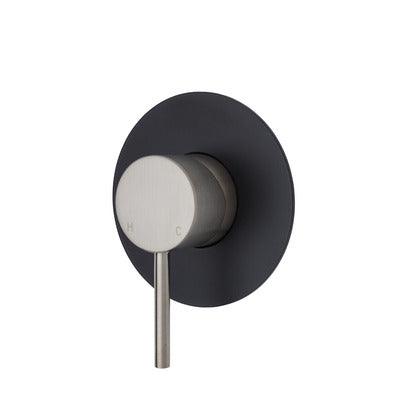 Fienza Kaya Wall Mixer Brushed Nickel Large Round Matte Black Plate - Burdens Plumbing