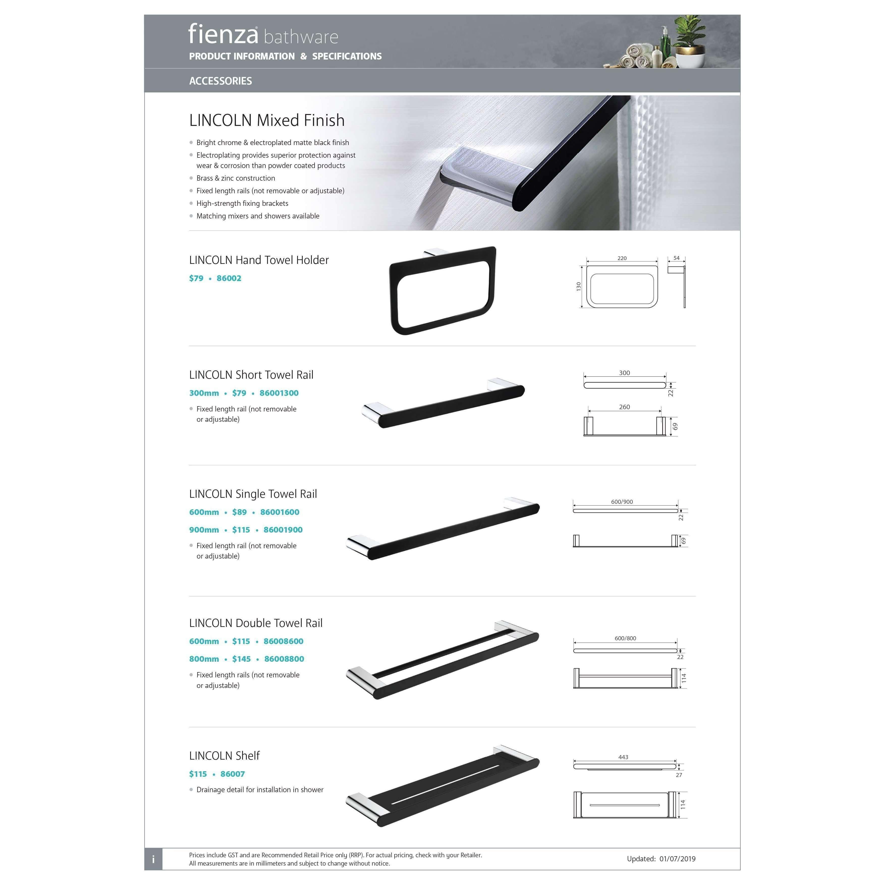 Fienza Lincoln Black & Chrome 300mm Single Towel Rail 86001300 - Burdens Plumbing