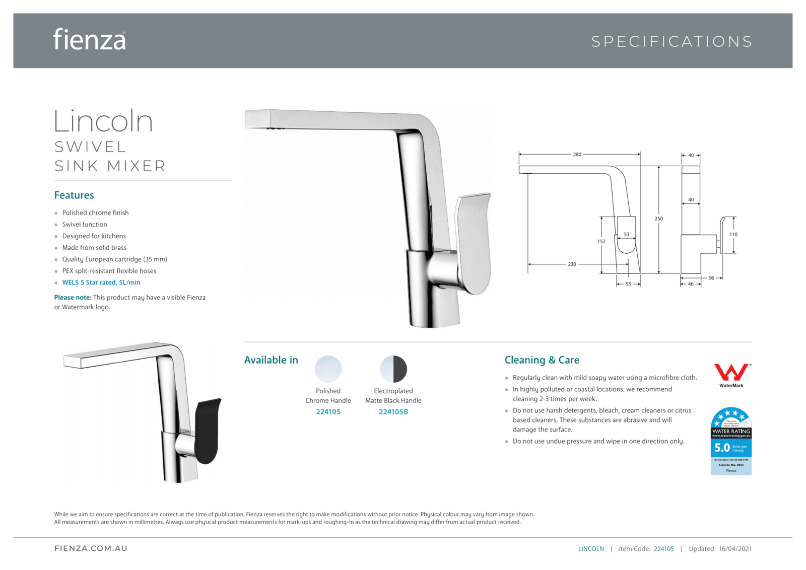 Fienza Lincoln Swivel Sink Mixer, Mixed Finish - Burdens Plumbing