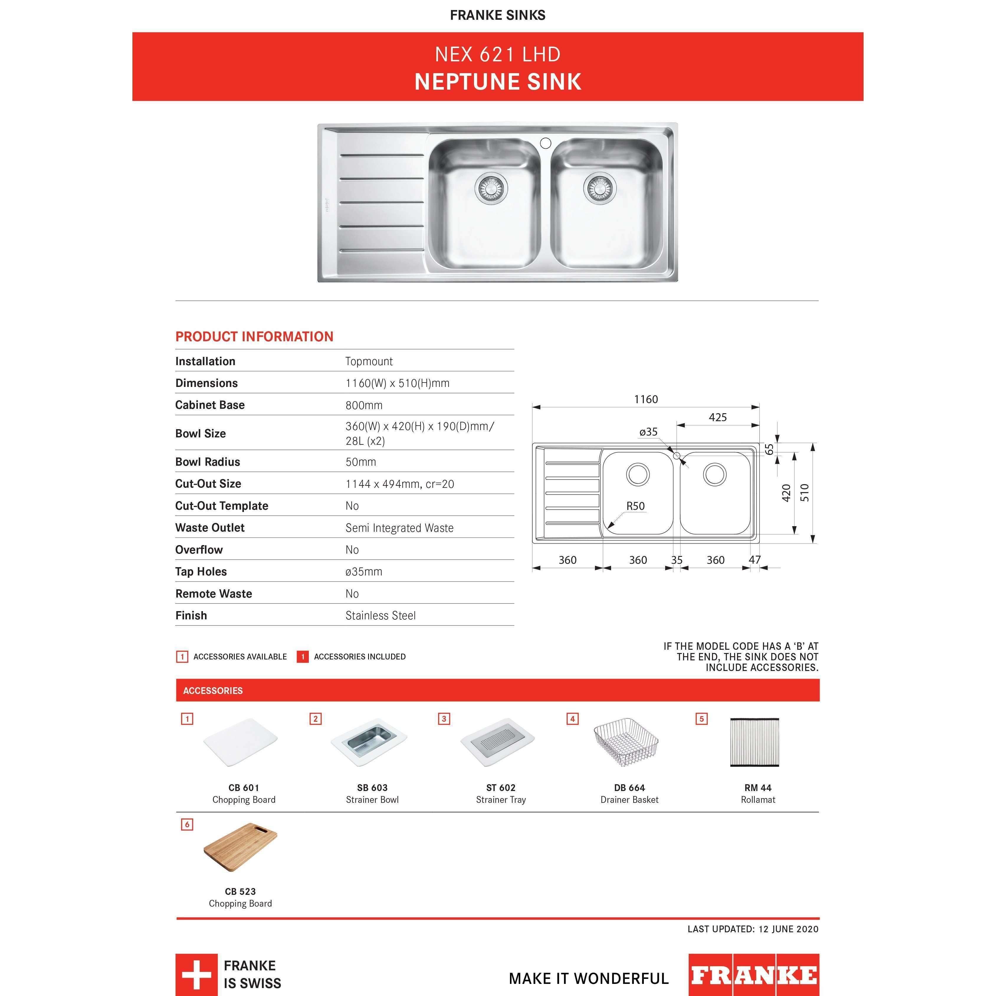 Franke Neptune 621 1160 X 510 Double Bowl S/S Sink Only Lh Draine - Burdens Plumbing