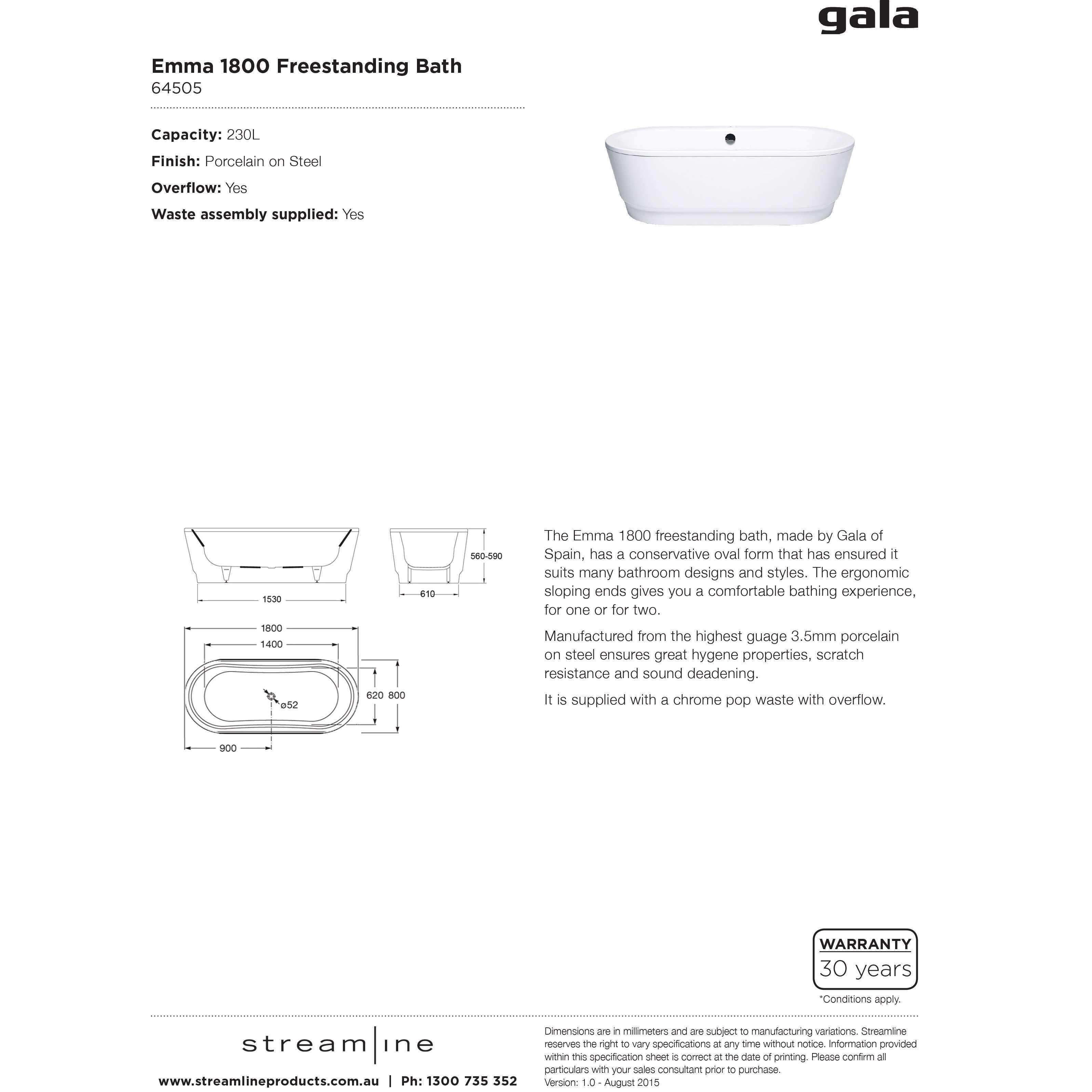 Gala Emma 1800 Pressed Steel Freestanding Bath Inc Waste - Burdens Plumbing