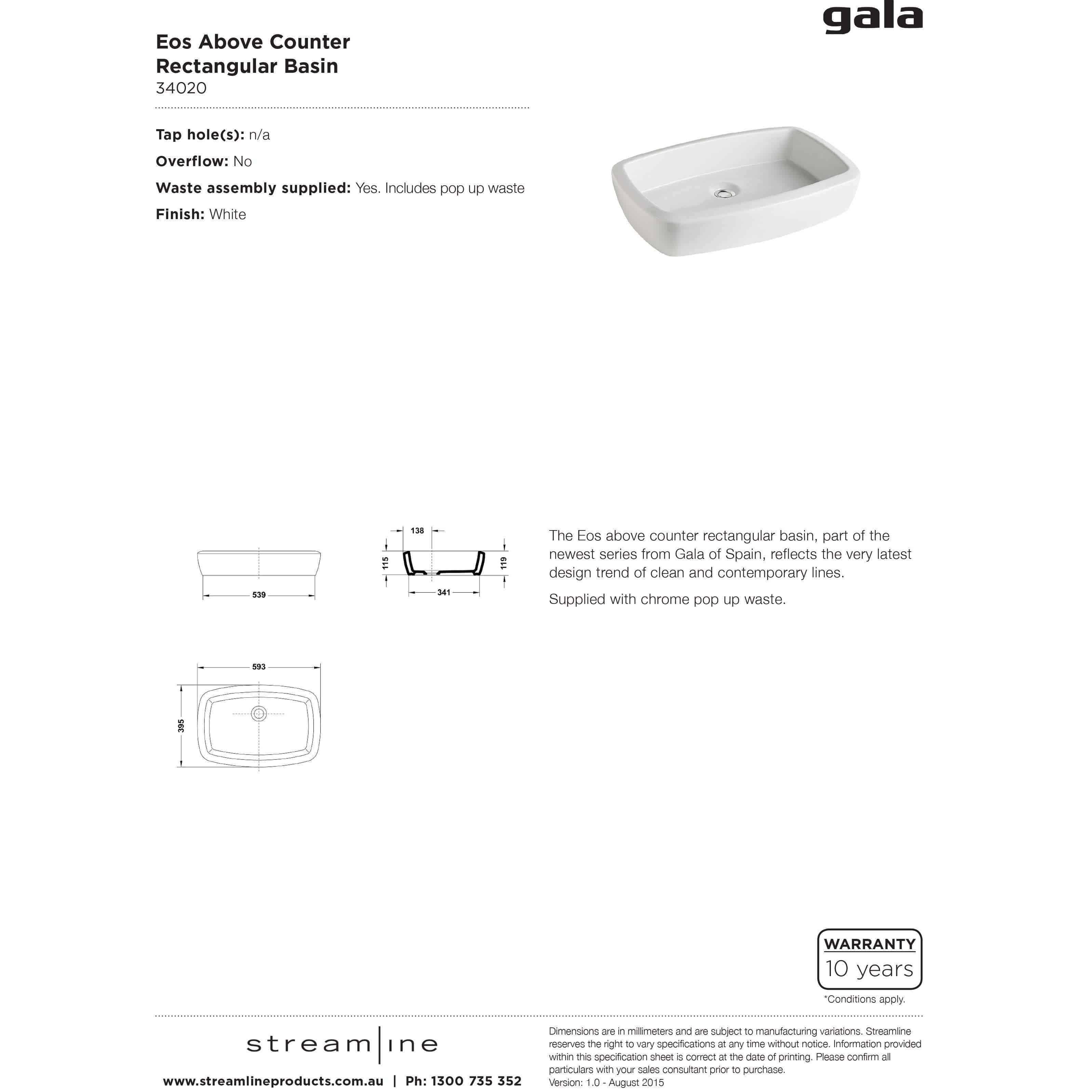 Gala Eos Above Counter Rectangle Basin C/W Popup Waste Nth W - Burdens Plumbing