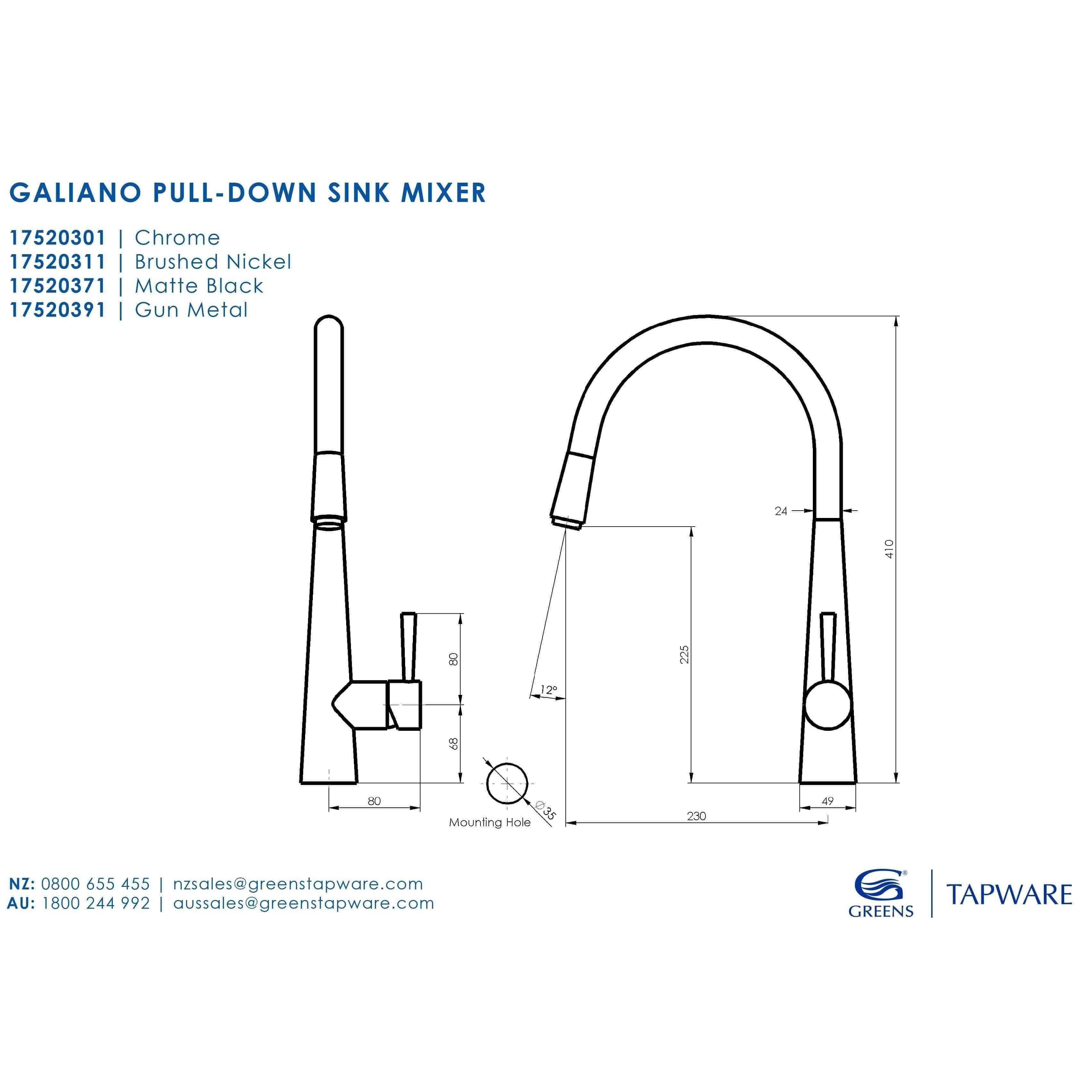 Greens Galiano Pull Down Sink Mixer Brushed Nickel 17520311 - Burdens Plumbing