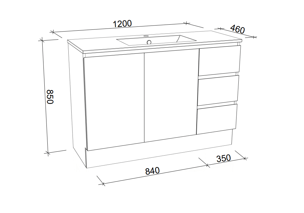 Harmony Three Drawer Vanity 1200mm, Centre Bowl Alpha Top, Floor Standing - Burdens Plumbing