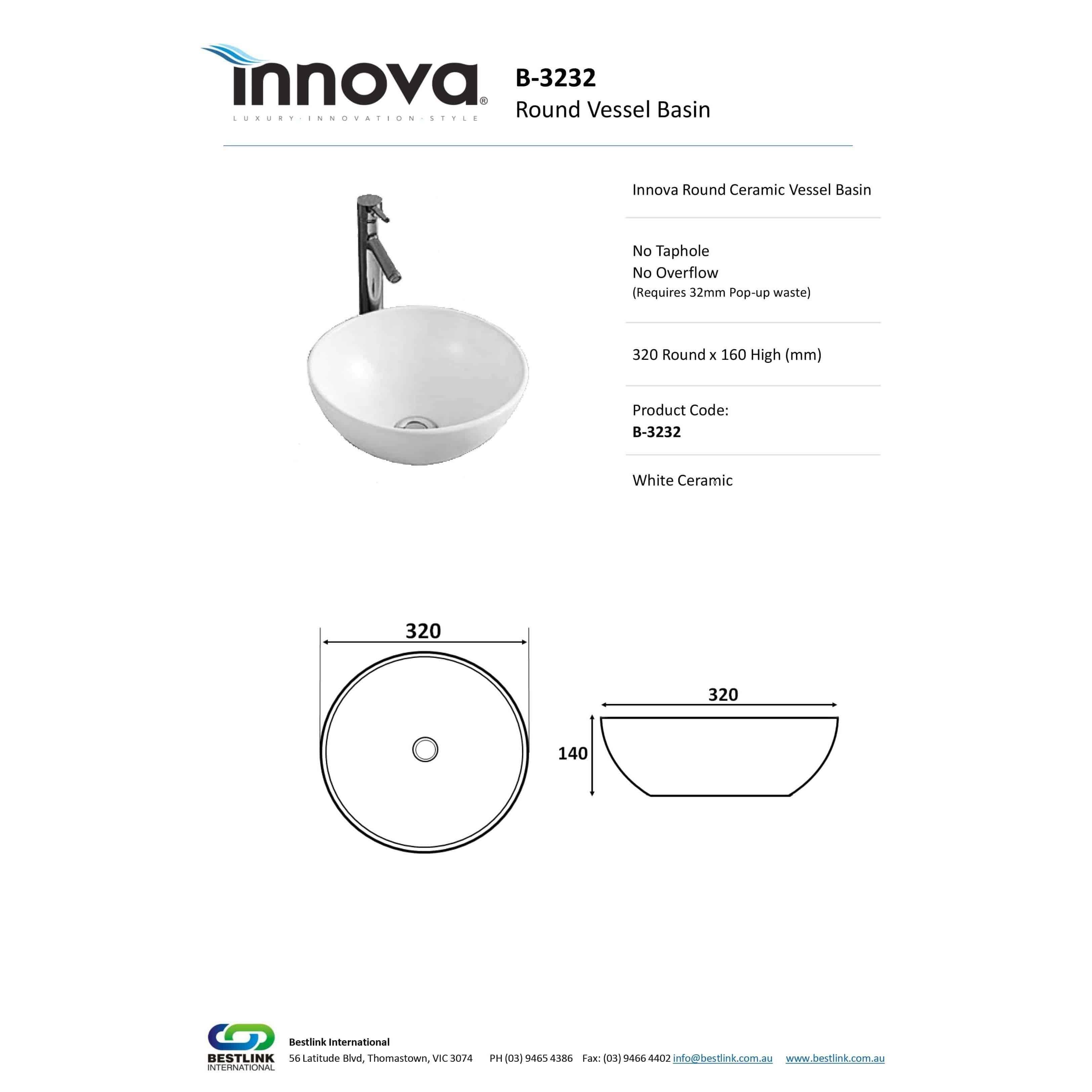 Innova Round Vessel Ceramic Basin Nth - Burdens Plumbing