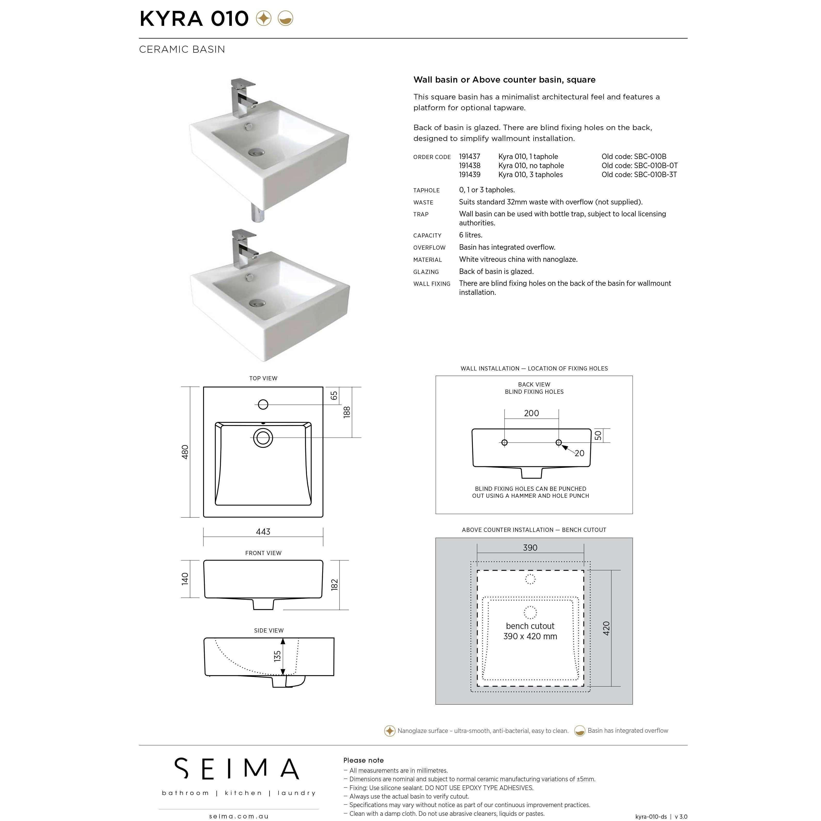 Kyra Above Counter/Wall Basin 440 X 480 X 135 White Sbc-010B - Burdens Plumbing