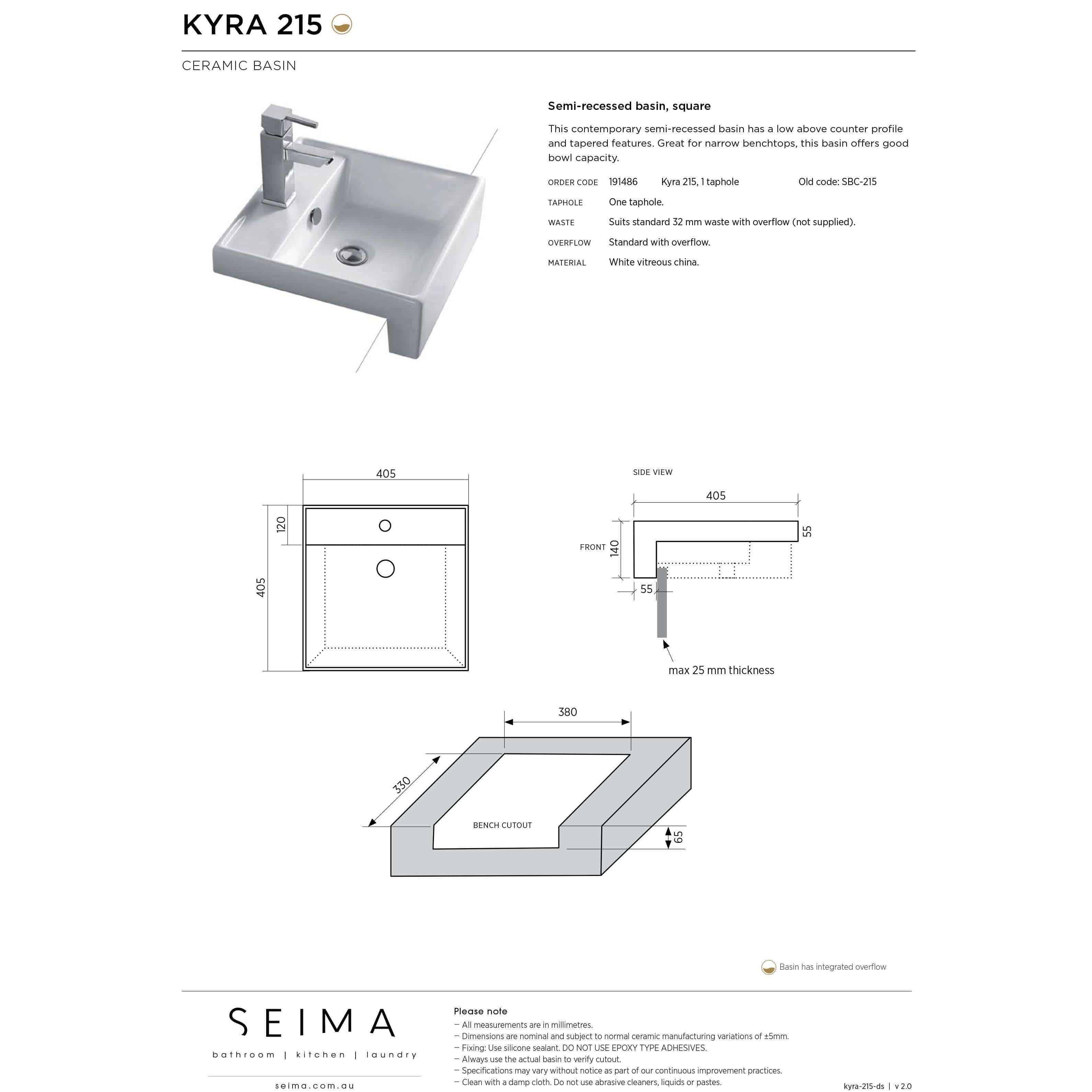 Kyra Semi-Recessed Basin 405mm X 405mm White Sbc-215 - Burdens Plumbing