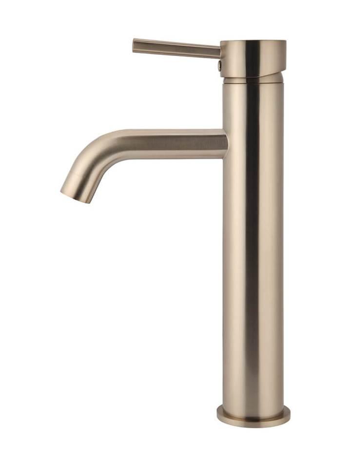 Meir Round Tall Champagne Basin Mixer With Curved Spout - Burdens Plumbing