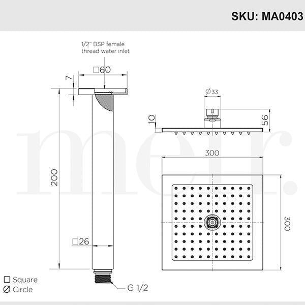 Meir Square Ceiling Mounted Matte Black Shower 300mm - Burdens Plumbing