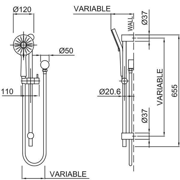 Methven Krome 120 3 Function Rail Shower - Burdens Plumbing