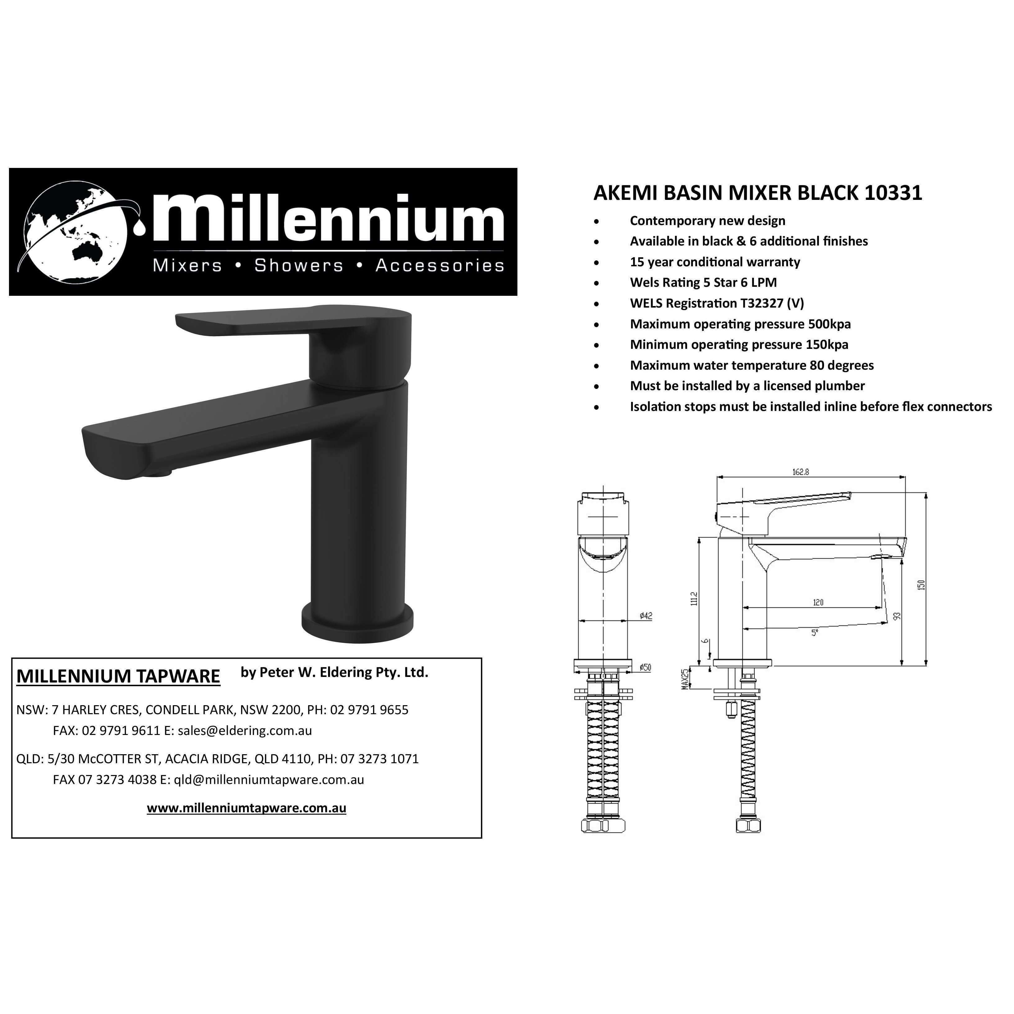 Millennium Akemi Basin Mixer Black - Burdens Plumbing