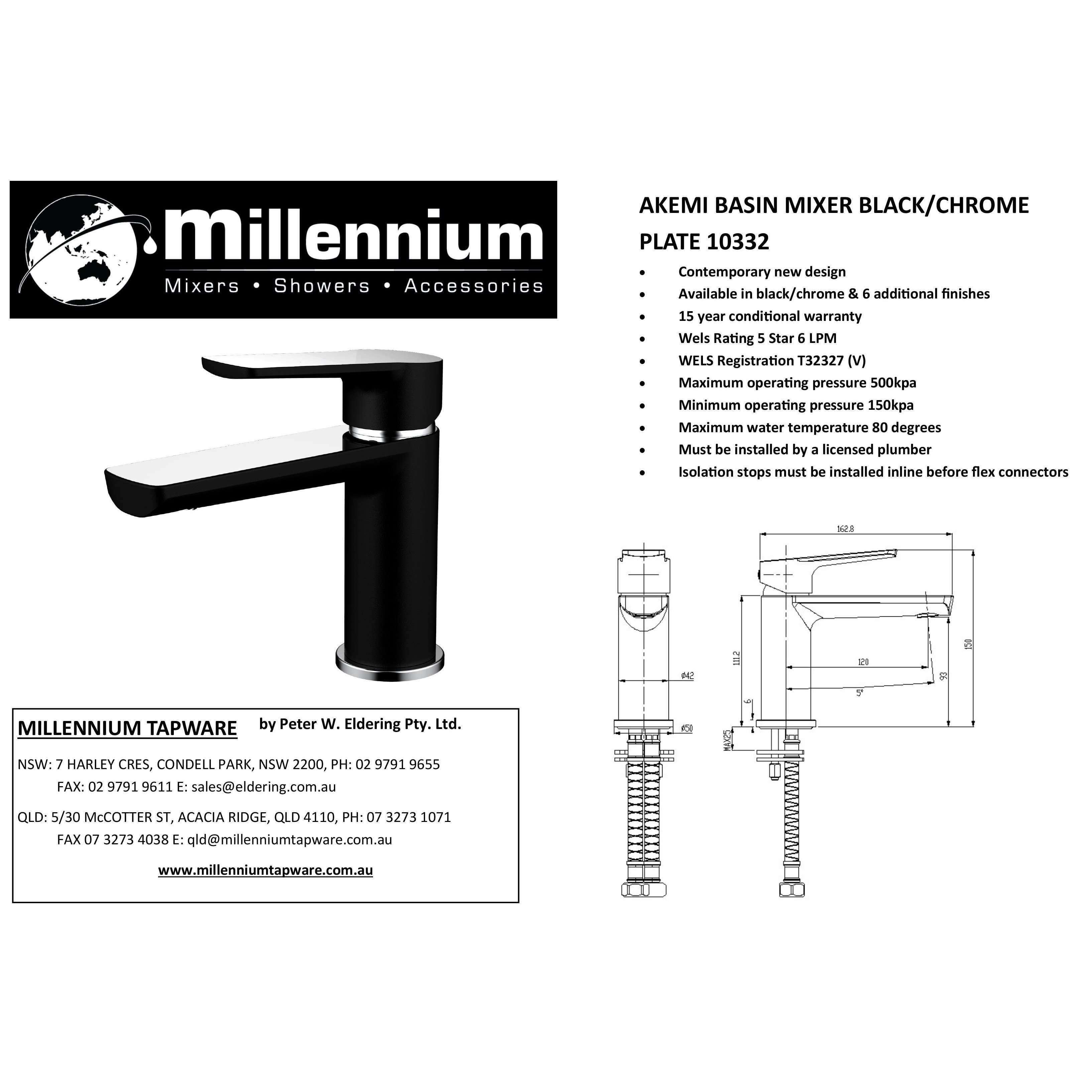 Millennium Akemi Basin Mixer Black & Chrome - Burdens Plumbing