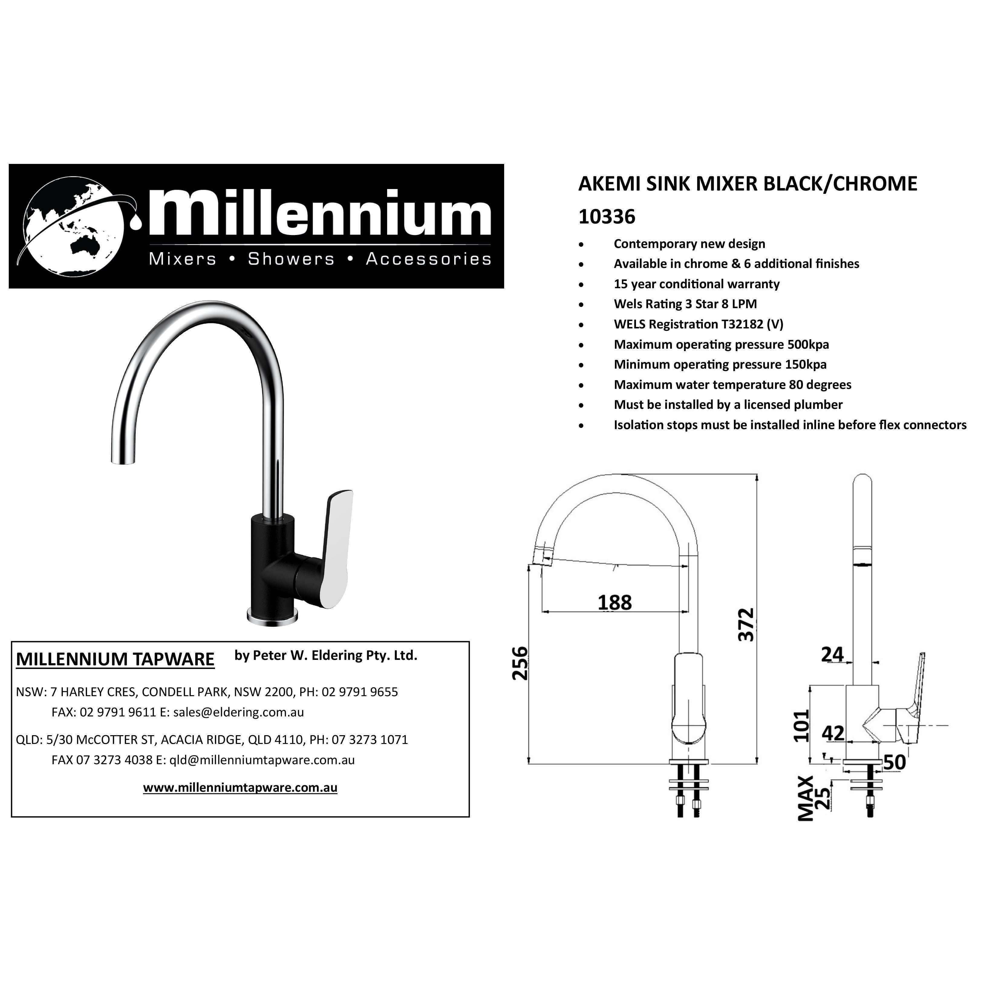 Millennium Akemi G/Neck Sink Mixer Black & Chrome - Burdens Plumbing