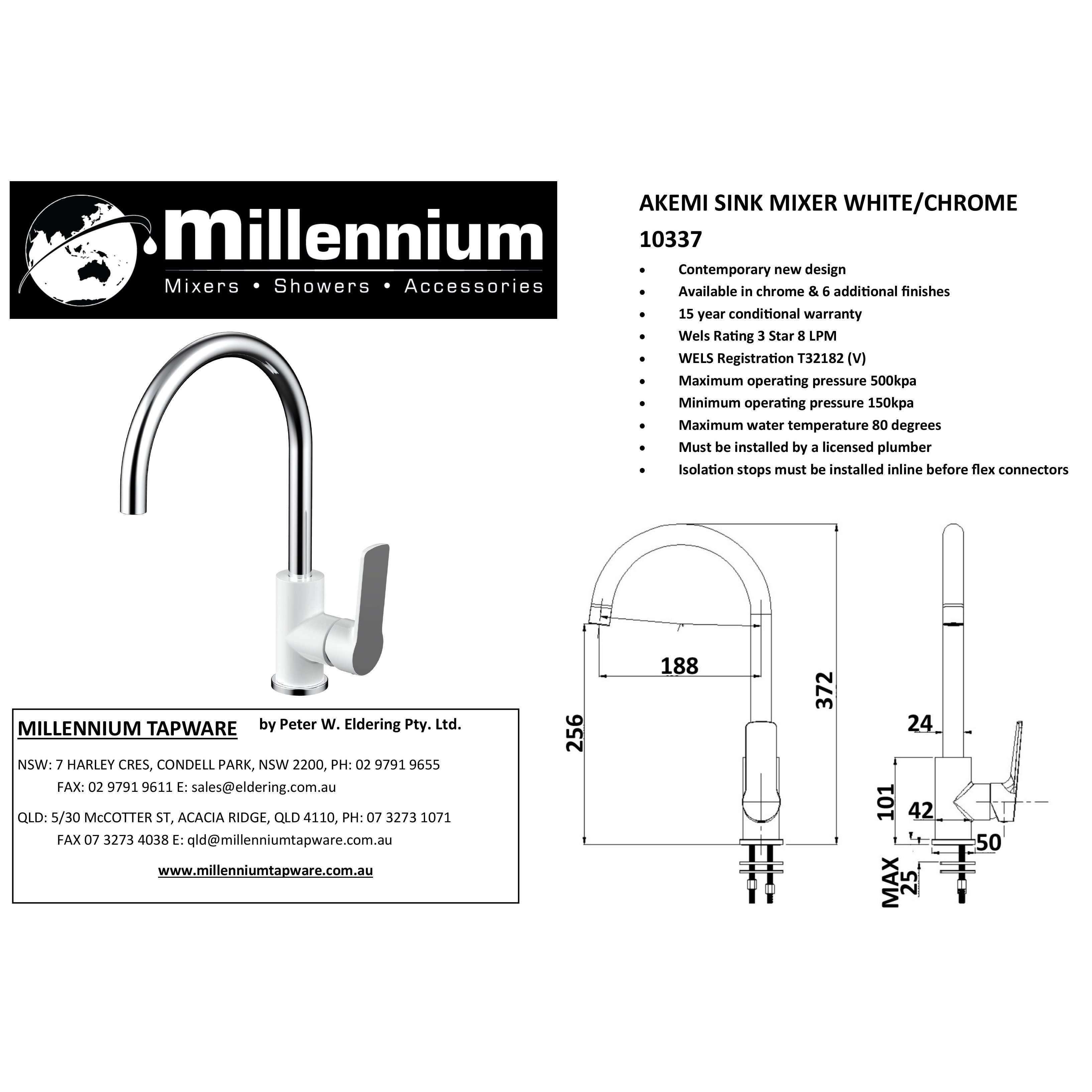 Millennium Akemi G/Neck Sink Mixer White & Chrome - Burdens Plumbing