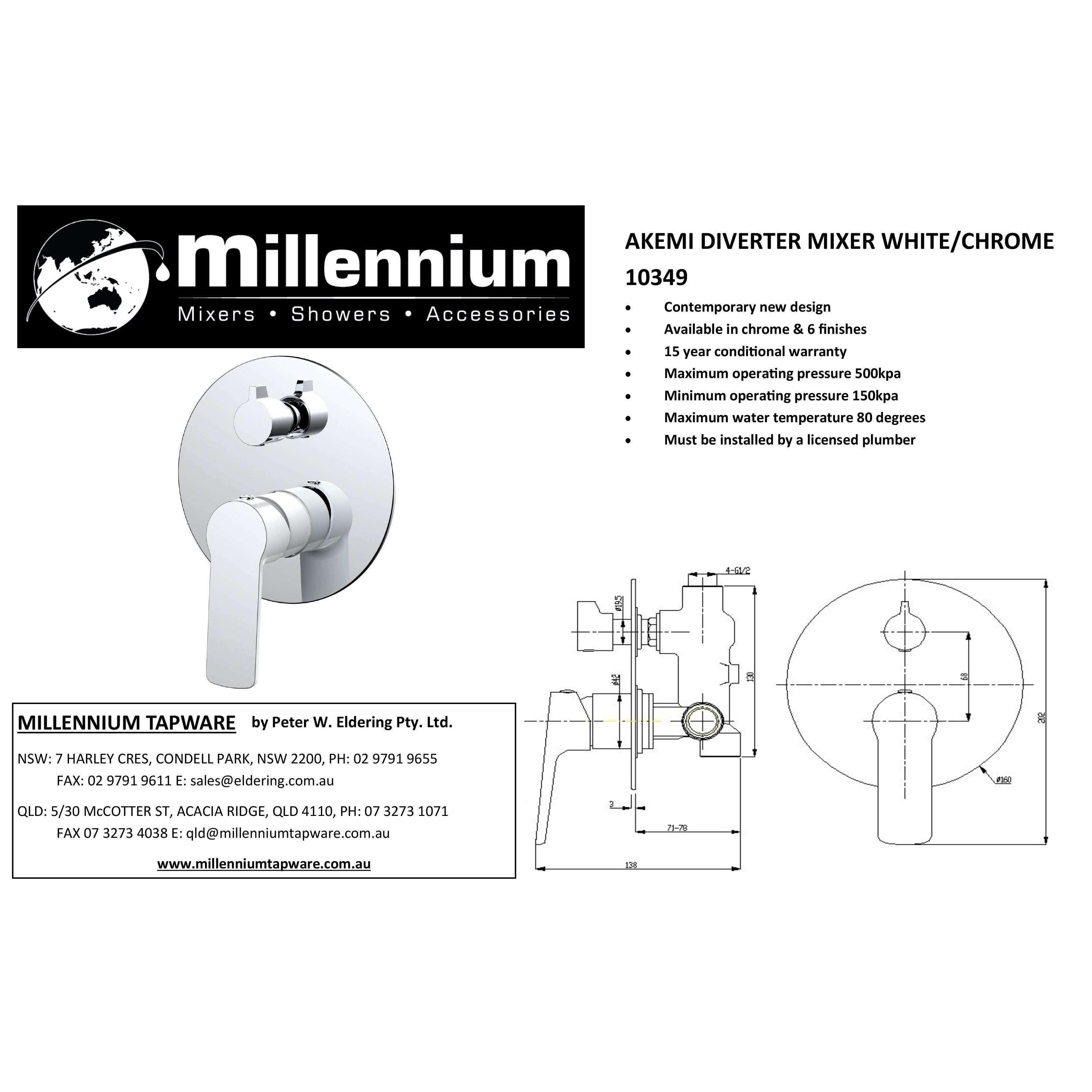 Millennium Akemi Shower Mixer With Diverter White & Chrome - Burdens Plumbing