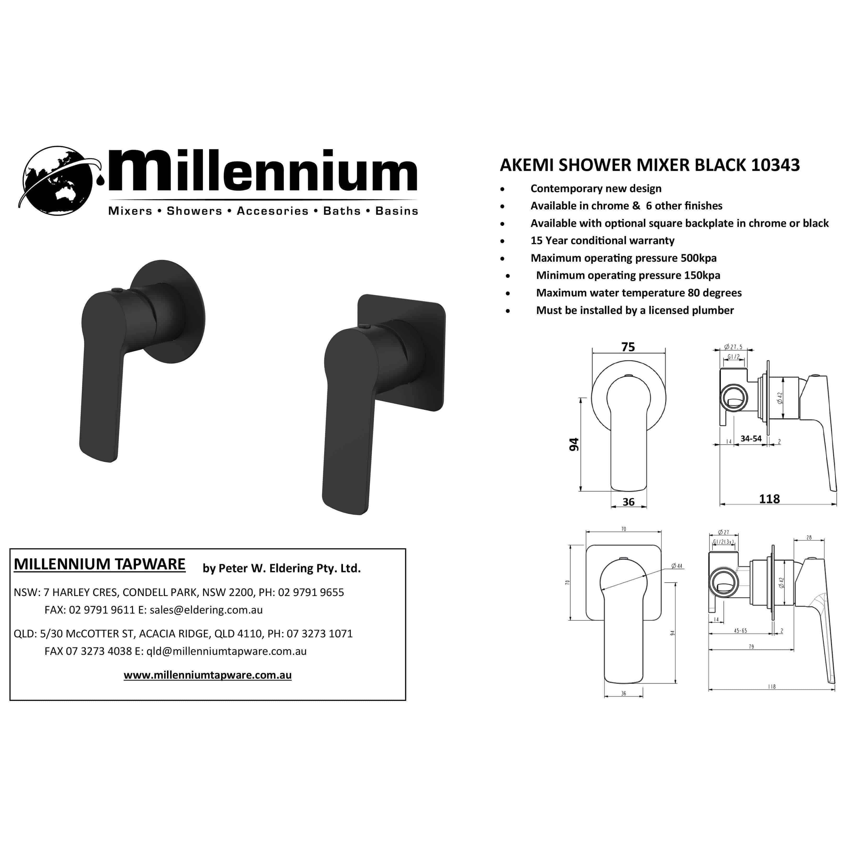 Millennium Akemi Shower/Bath Mixer Black - Burdens Plumbing