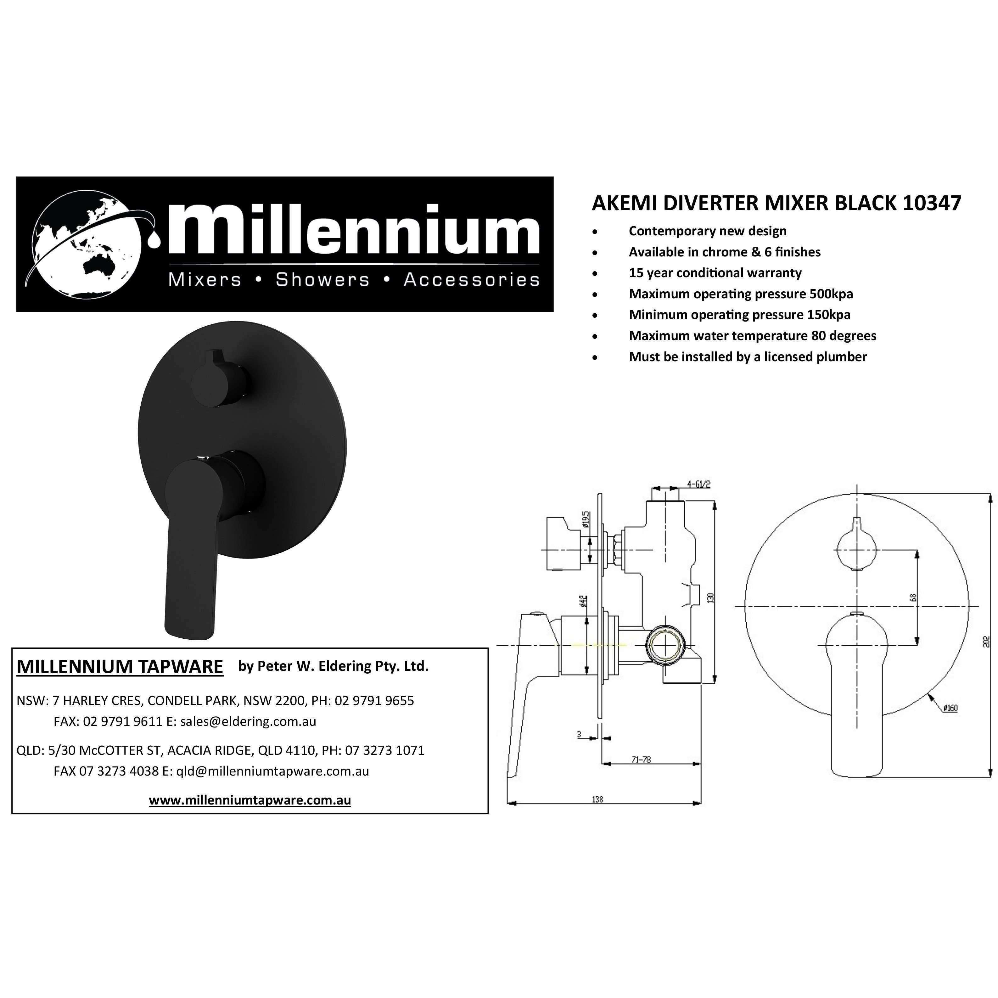 Millennium Akemi Shower/Bath Mixer With Diverter Black - Burdens Plumbing