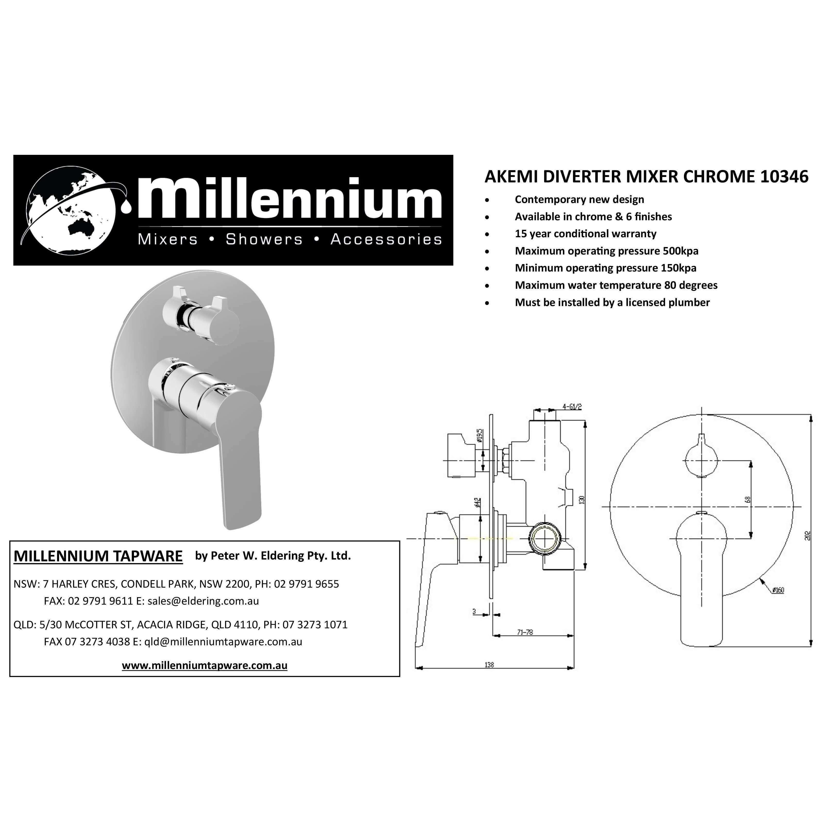 Millennium Akemi Shower/Bath Mixer With Diverter Chrome - Burdens Plumbing