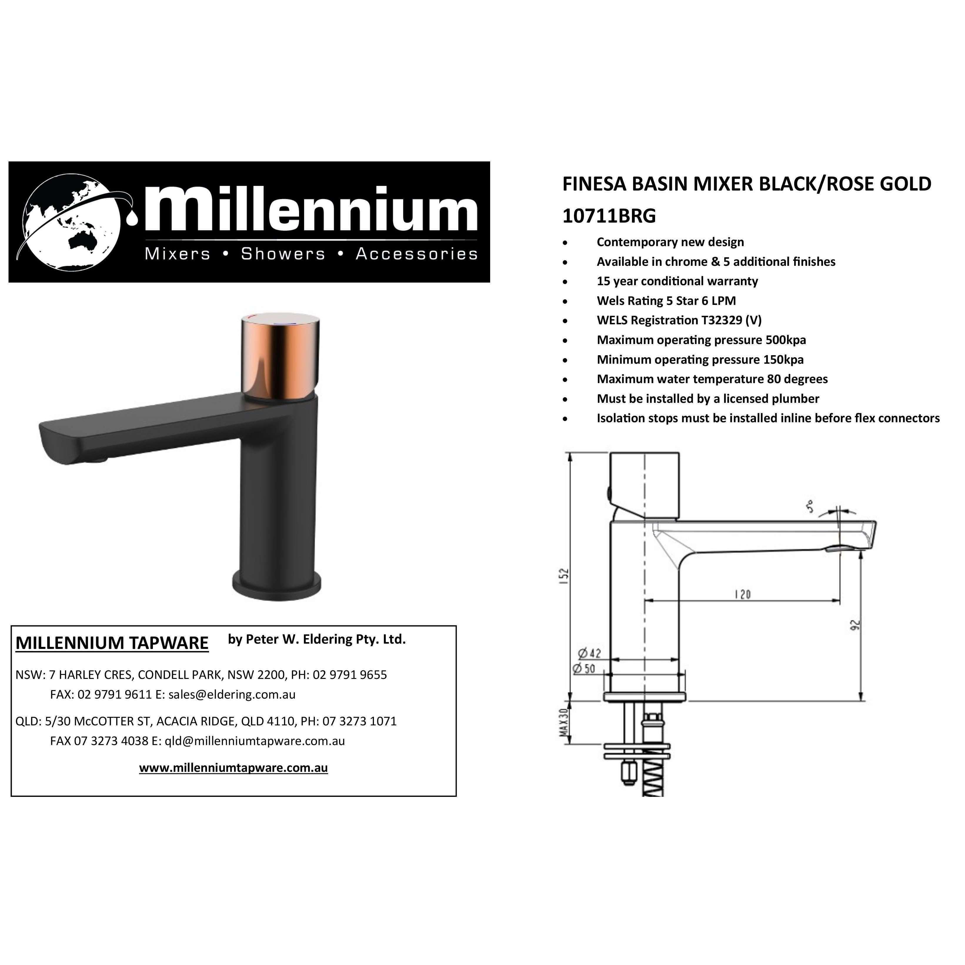 Millennium Finesa Basin Mixer Black & Rose Gold 10711Brg - Burdens Plumbing