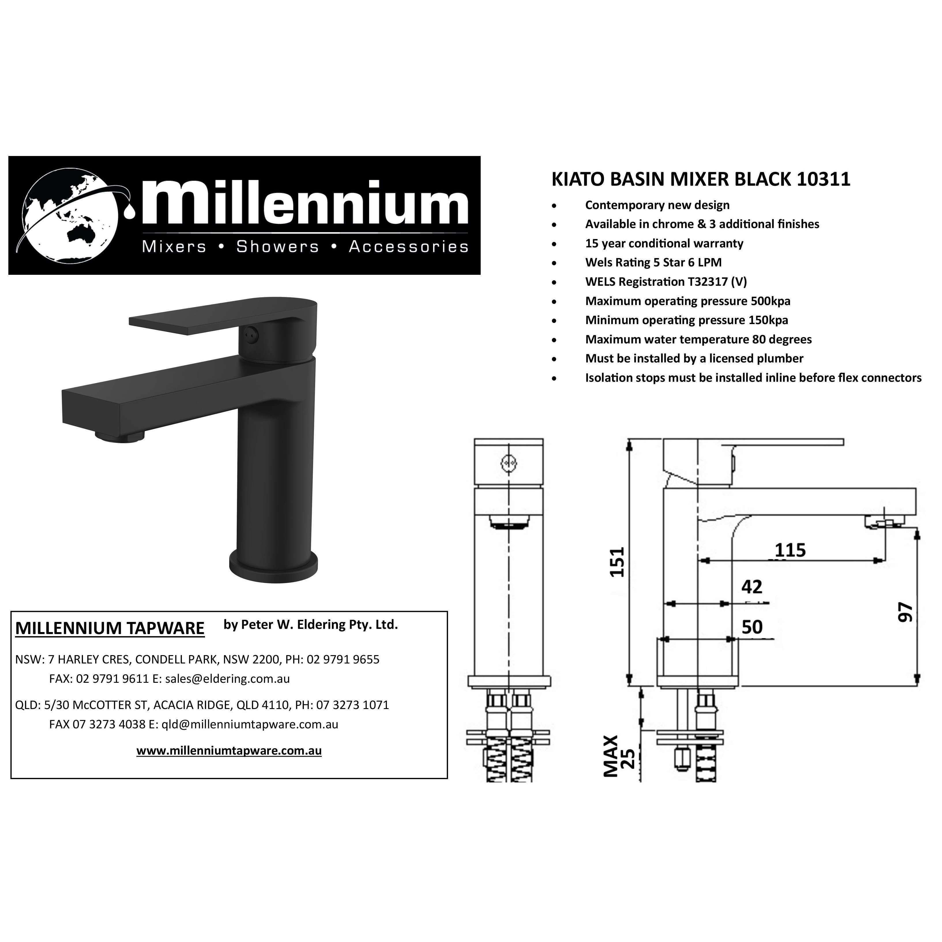 Millennium Kiato Basin Mixer Black - Burdens Plumbing