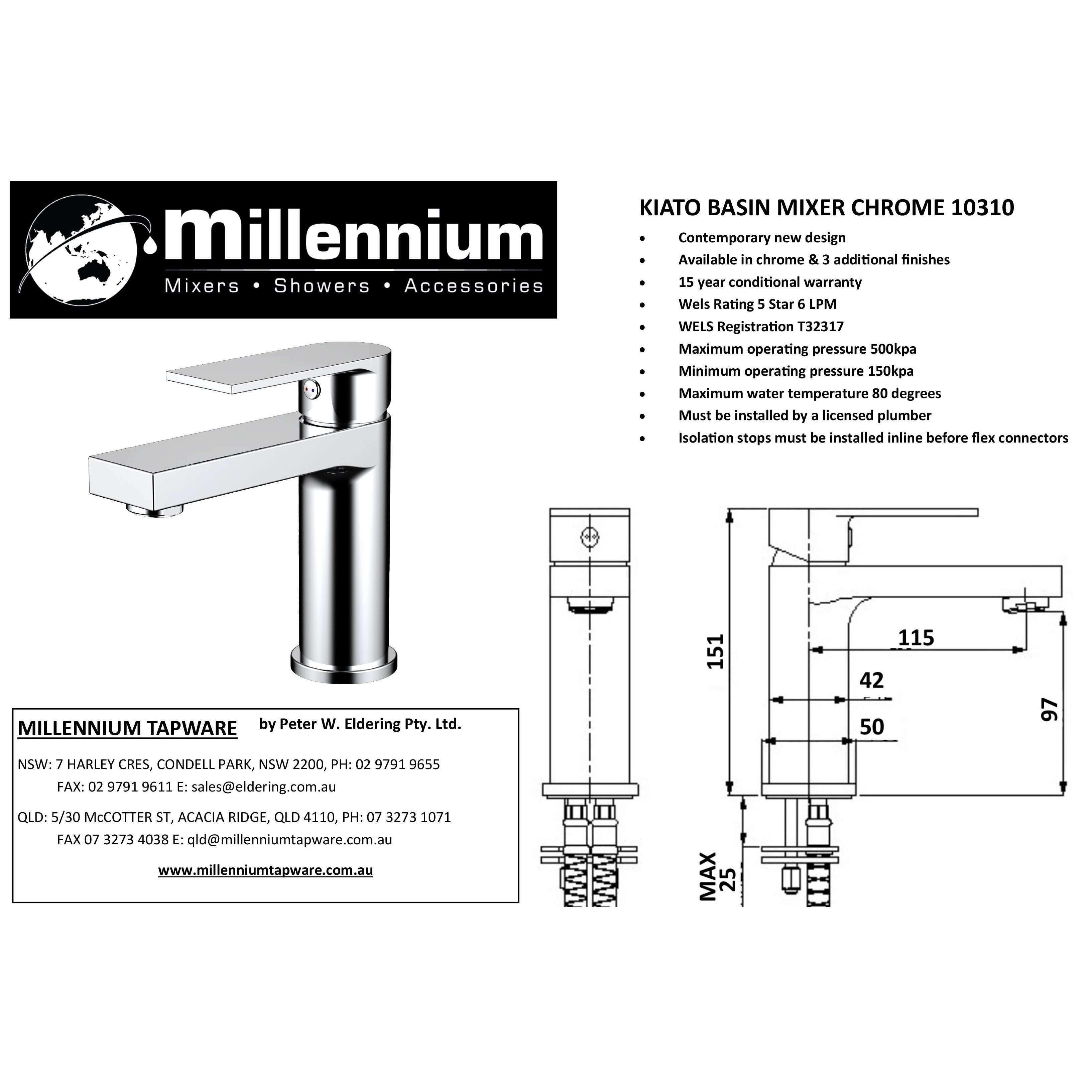 Millennium Kiato Basin Mixer Chrome - Burdens Plumbing