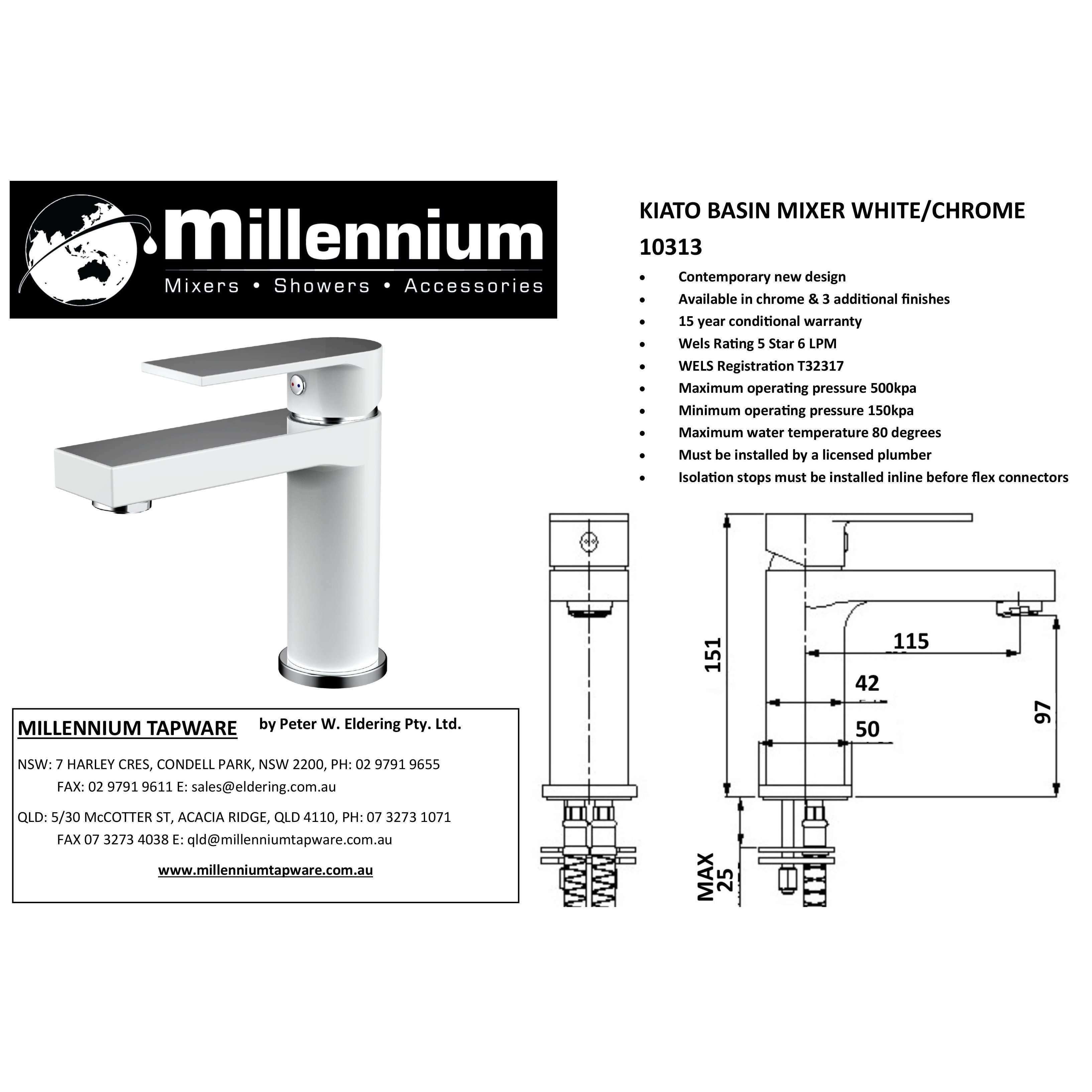 Millennium Kiato Basin Mixer Chrome/White Trim - Burdens Plumbing
