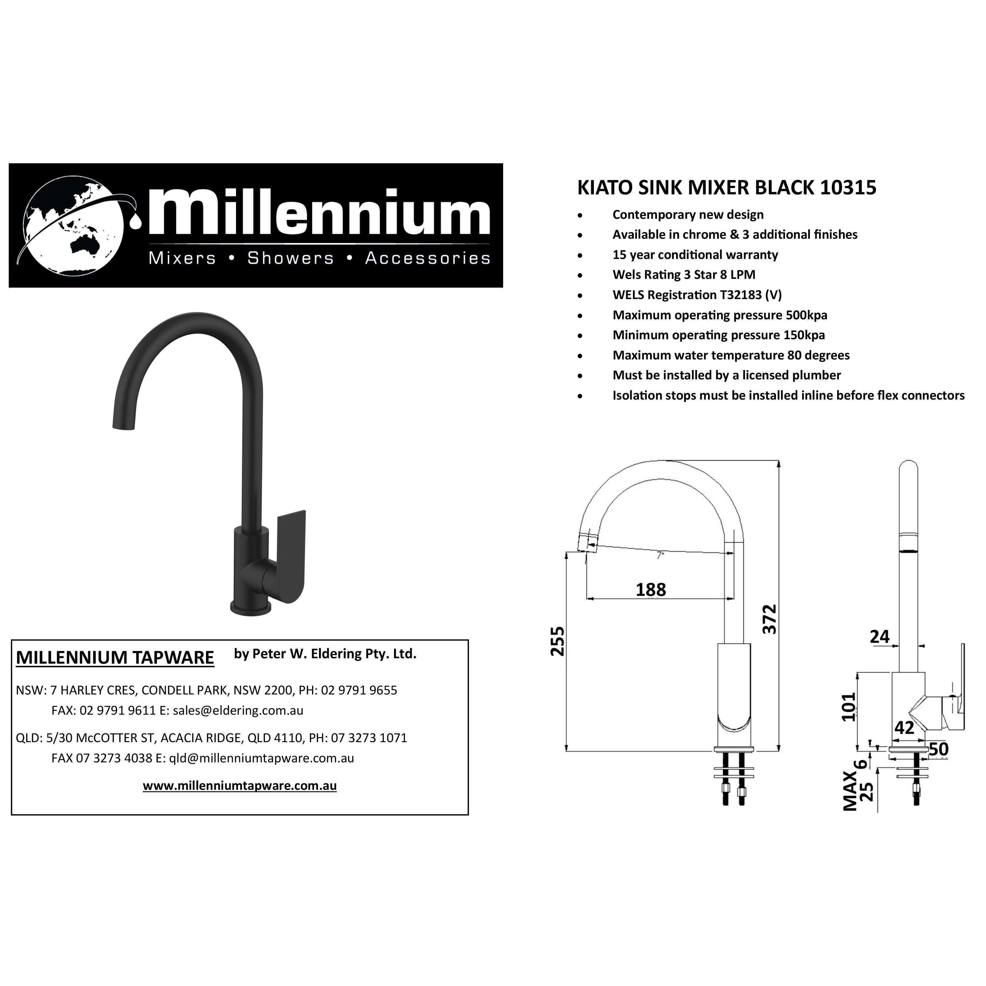 Millennium Kiato G/Neck Sink Mixer Black - Burdens Plumbing