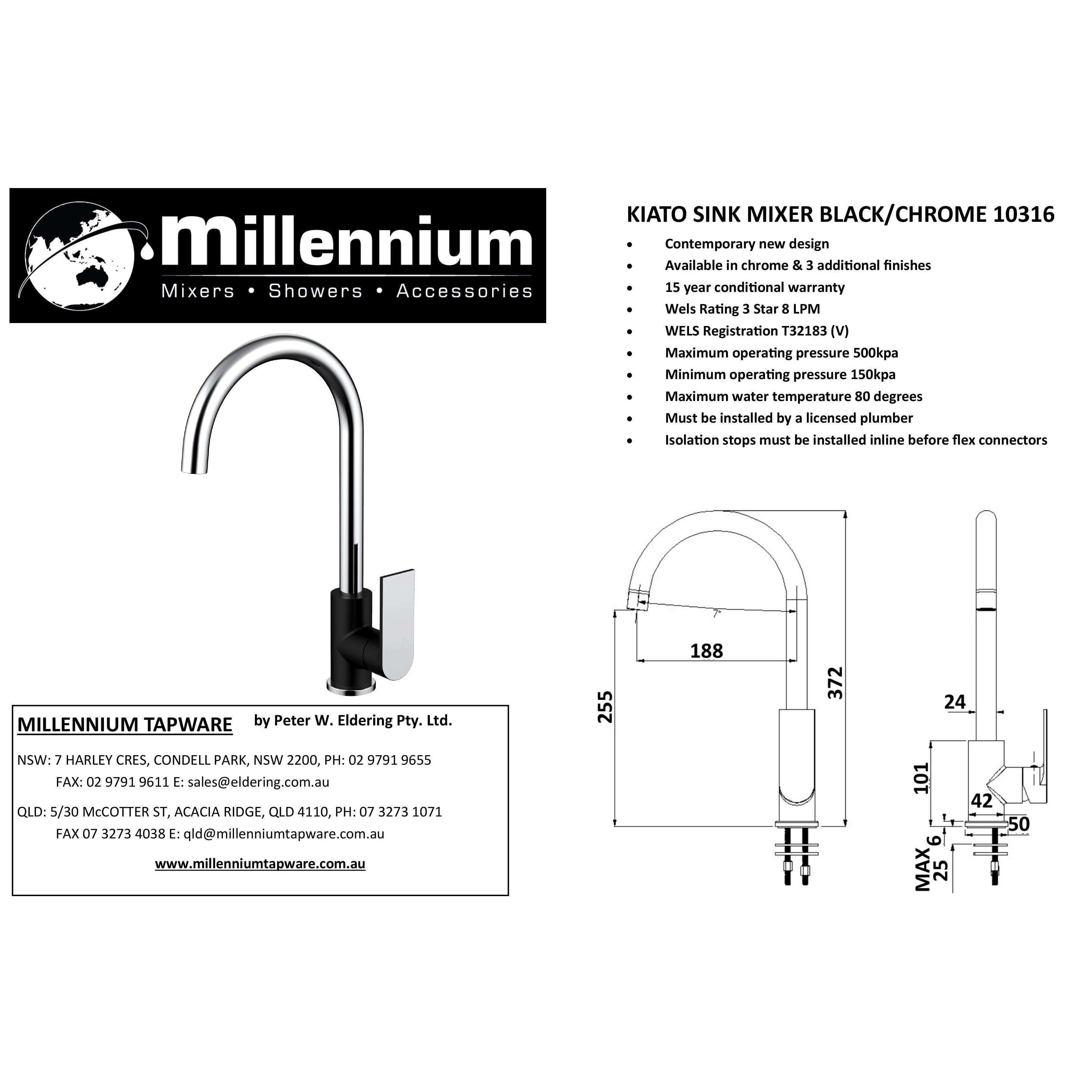 Millennium Kiato G/Neck Sink Mixer Chrome/Black Trim - Burdens Plumbing