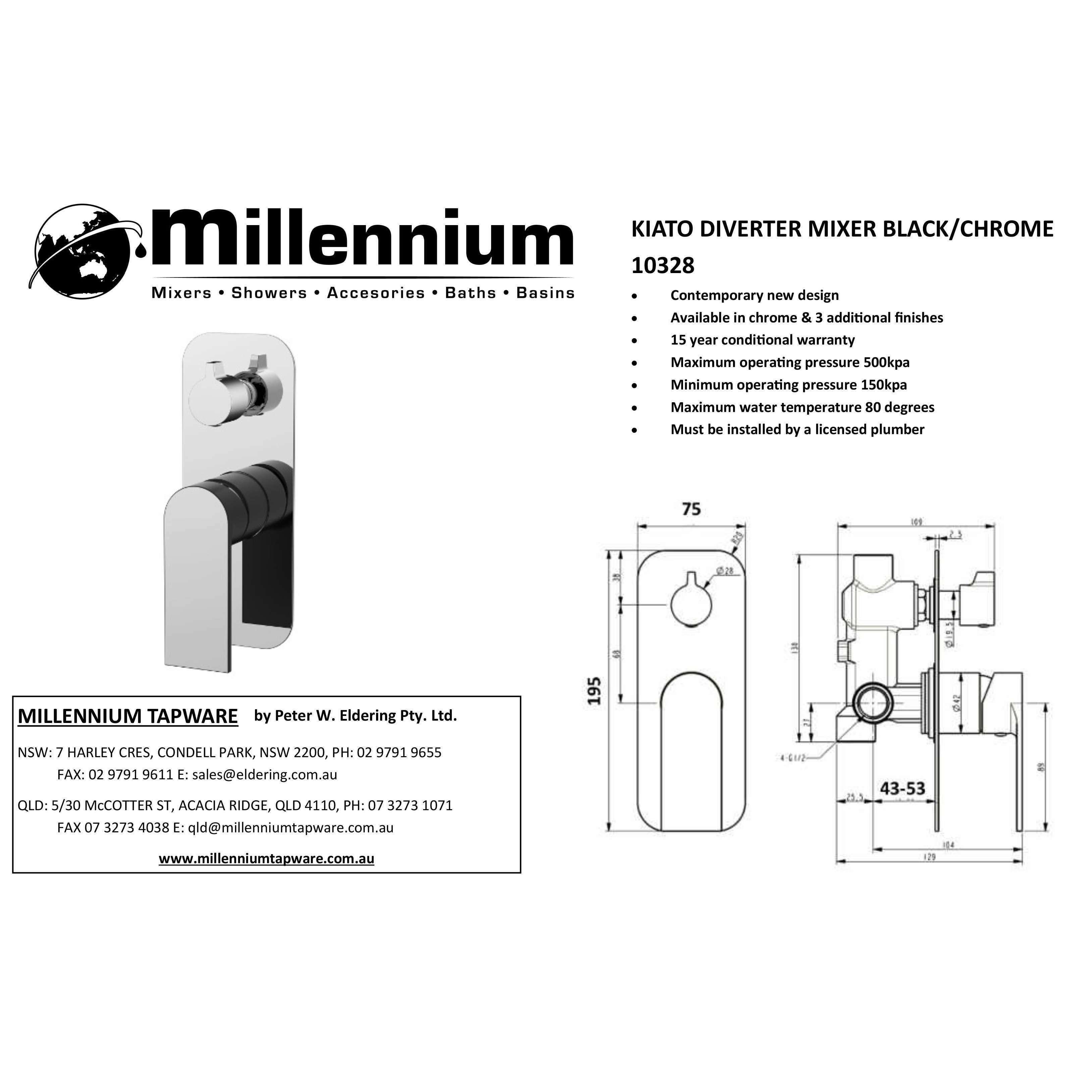 Millennium Kiato Shower Divert Mixer Chrome/Black Trim - Burdens Plumbing