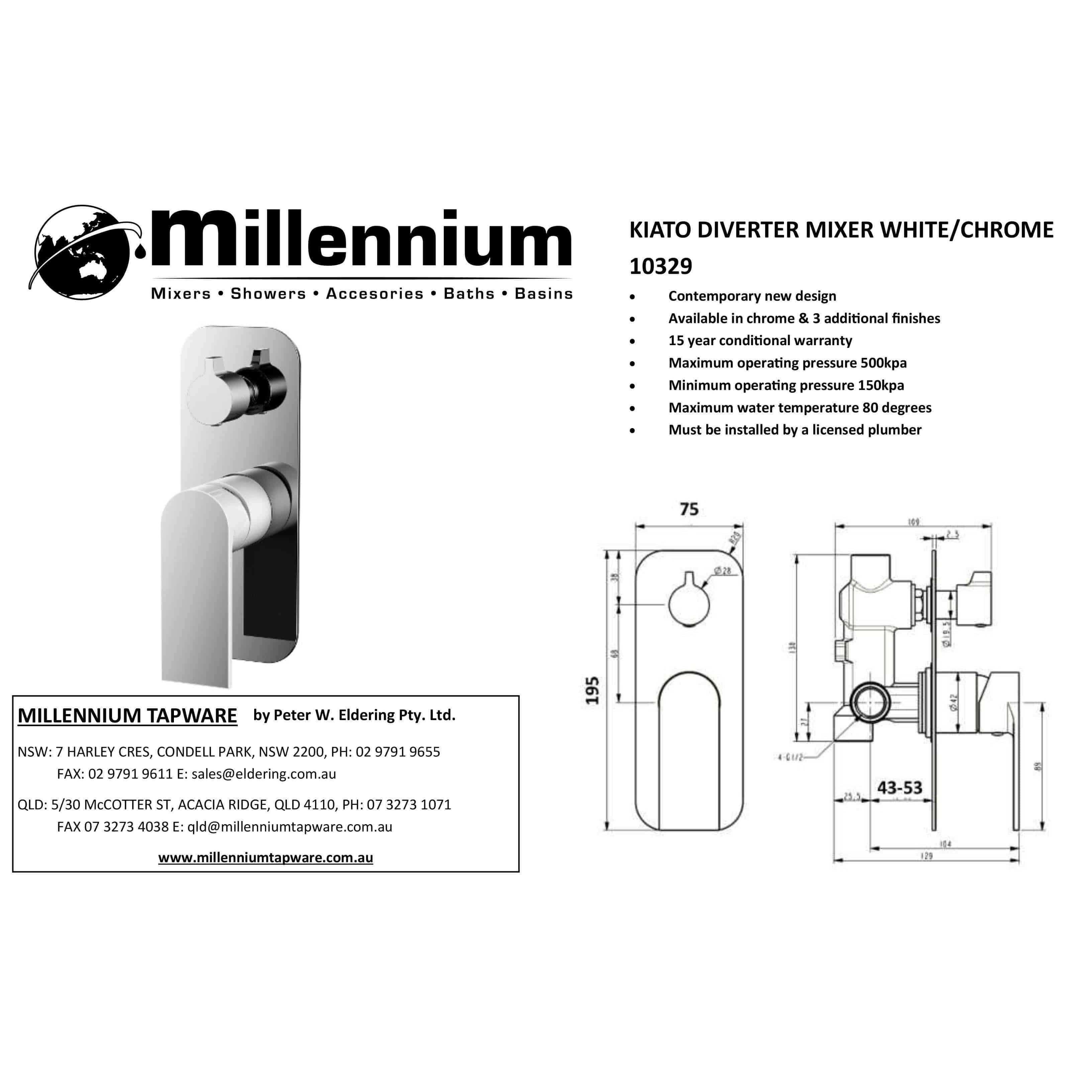 Millennium Kiato Shower Divert Mixer Chrome/White Trim - Burdens Plumbing