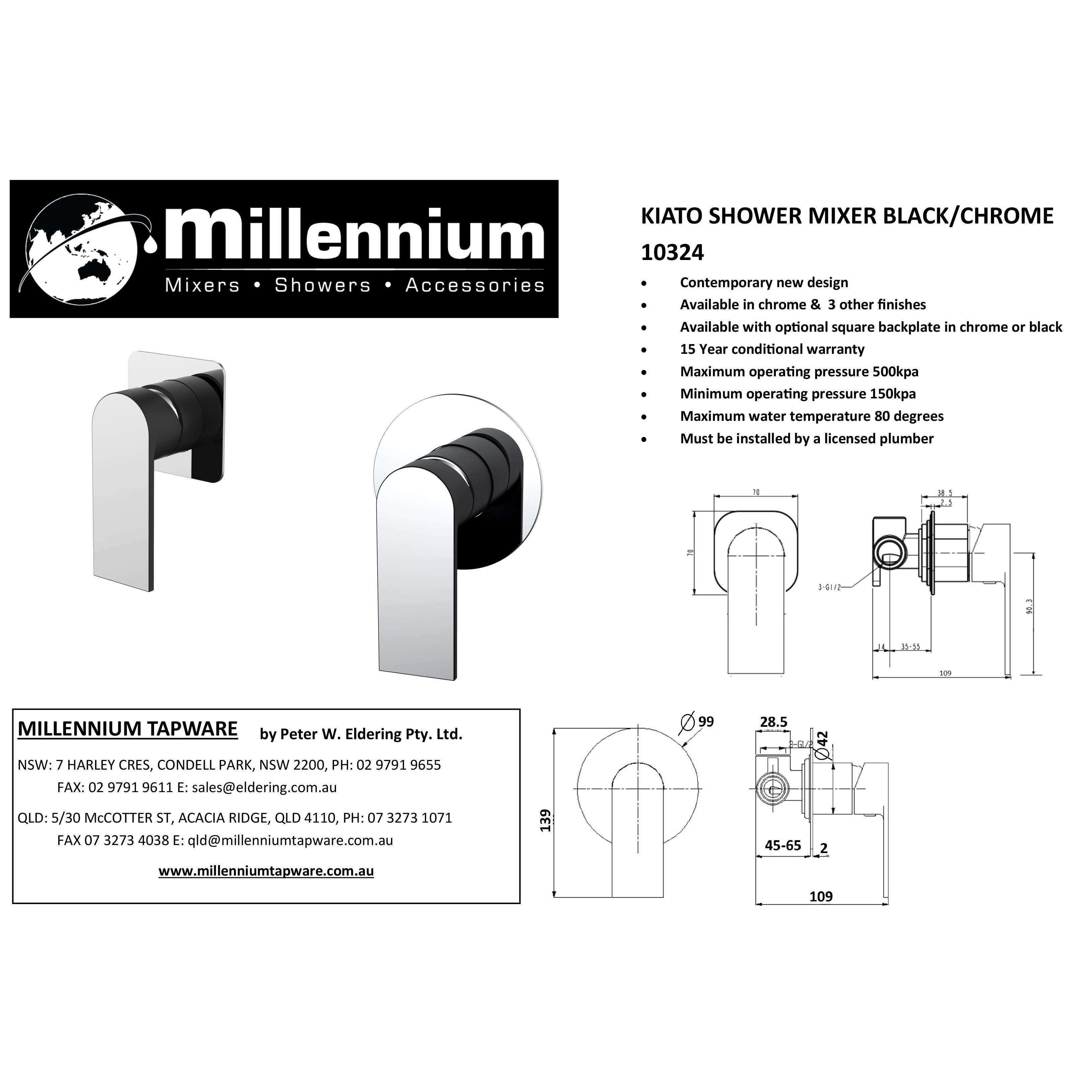 Millennium Kiato Shower Mixer Chrome/Black Trim - Burdens Plumbing