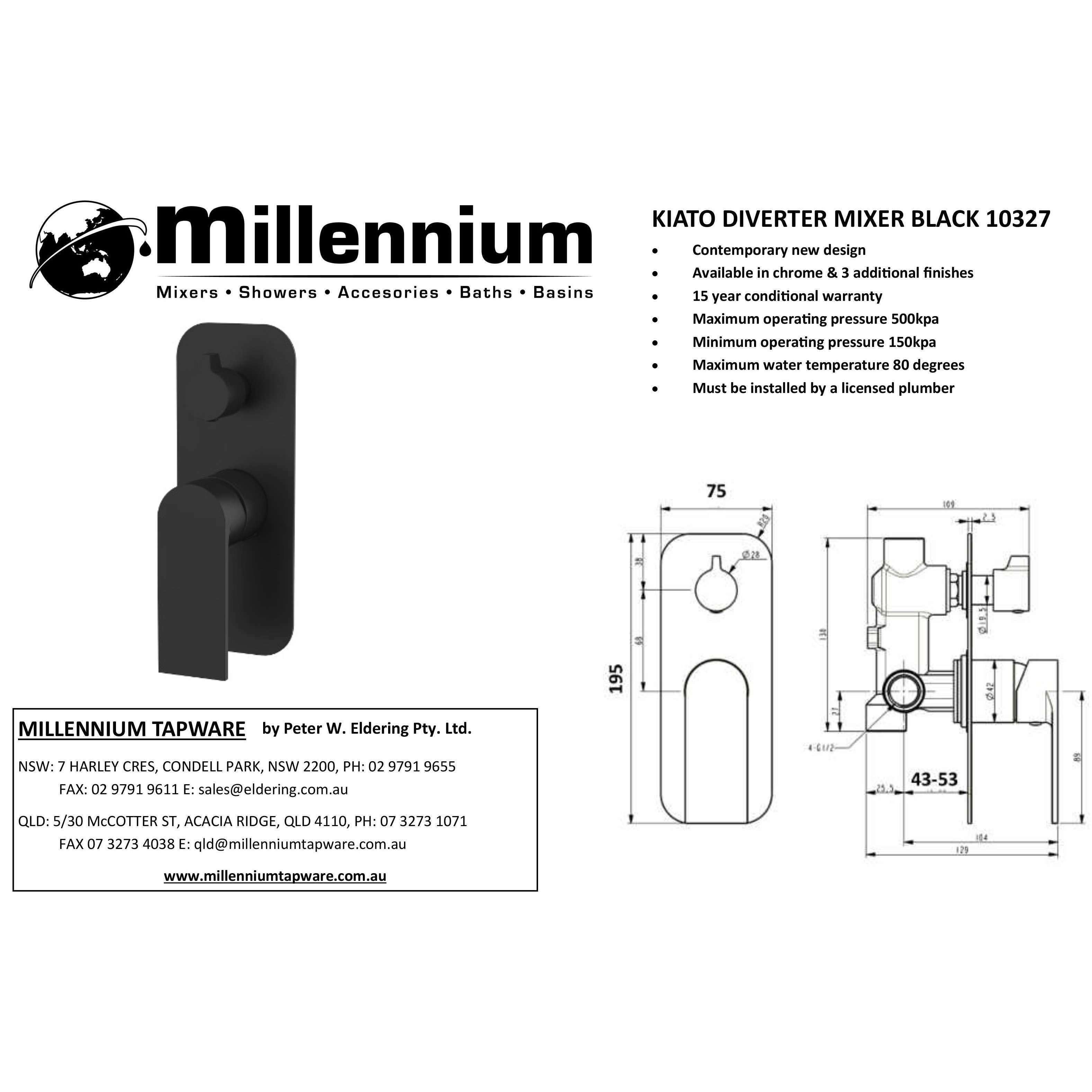 Millennium Kiato Shower/Bath Mixer With Diverter Black - Burdens Plumbing