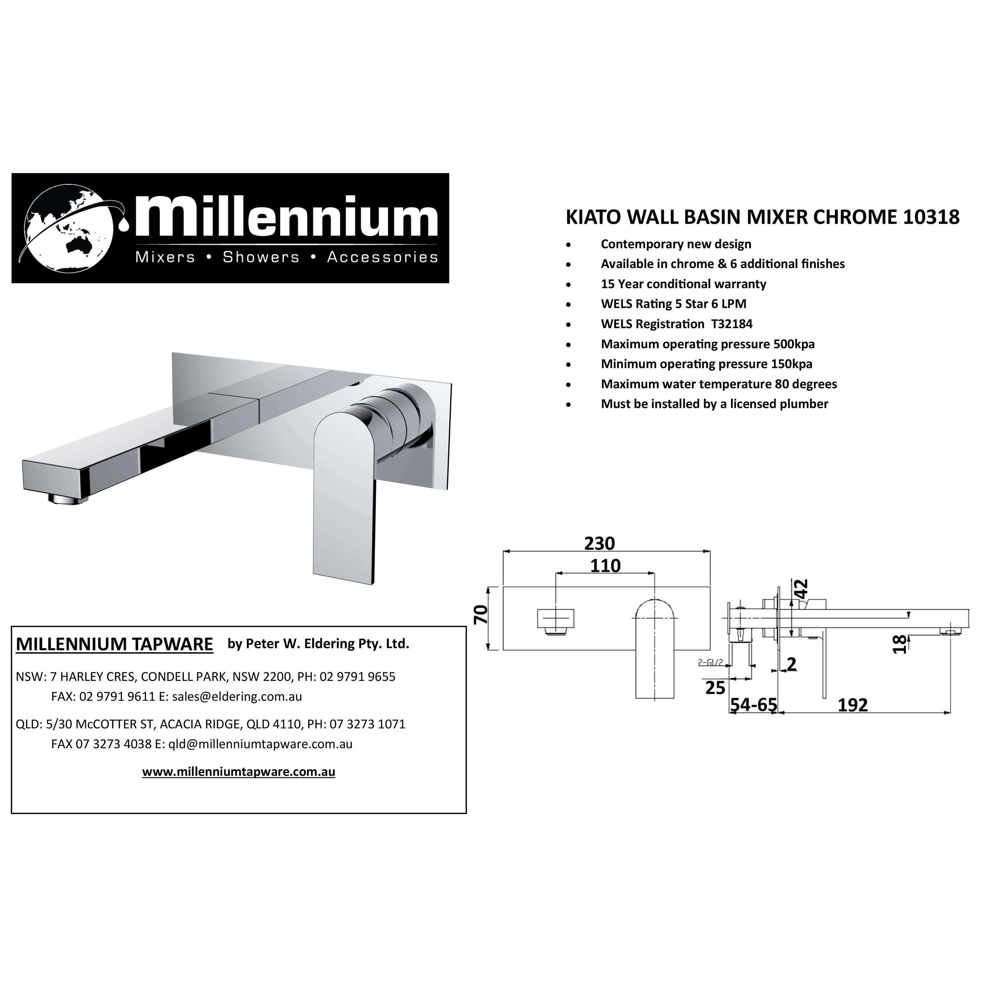 Millennium Kiato Wall Basin Set Chrome - Burdens Plumbing