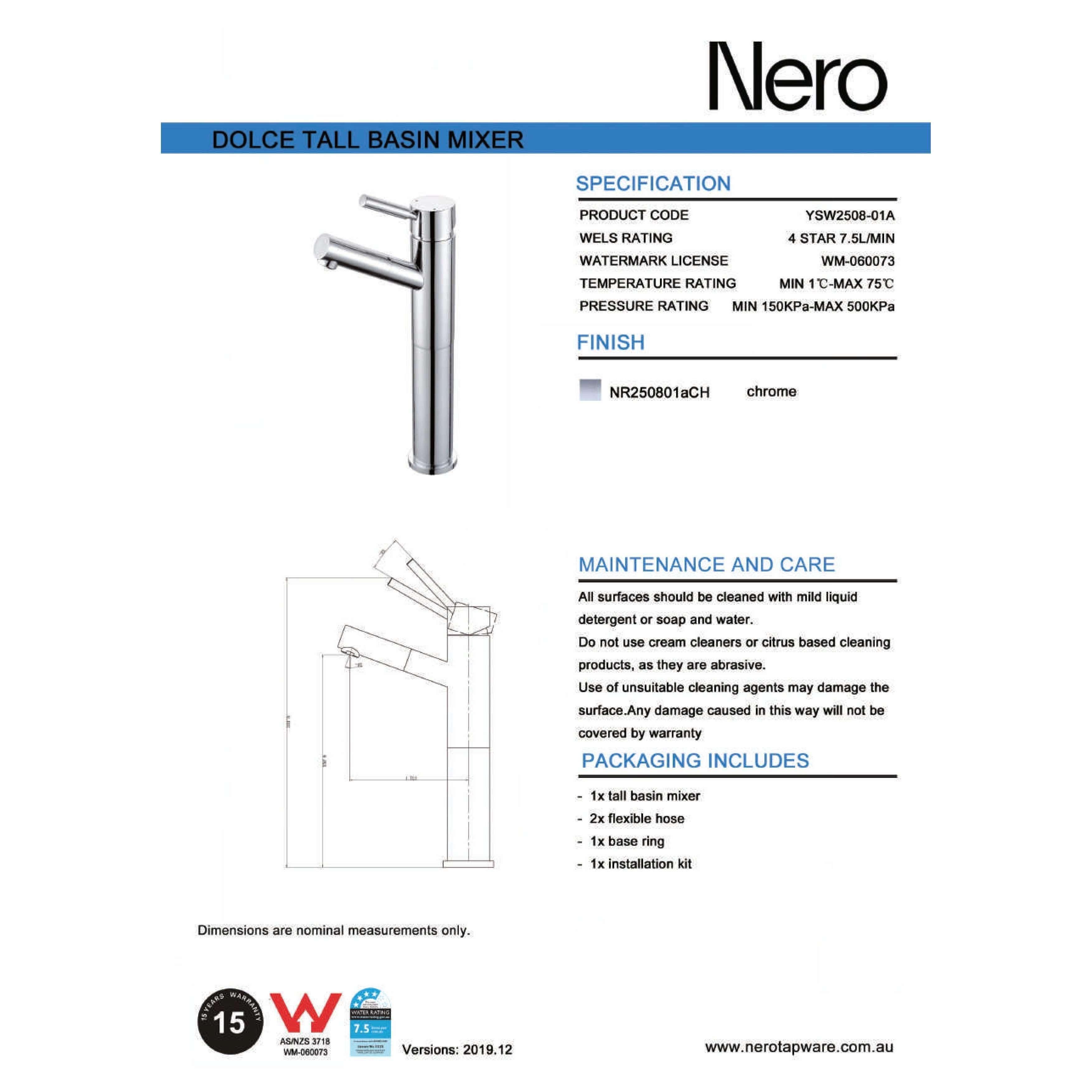 Nero Dolce Tall Basin Mixer Angle Spout - Chrome - Burdens Plumbing