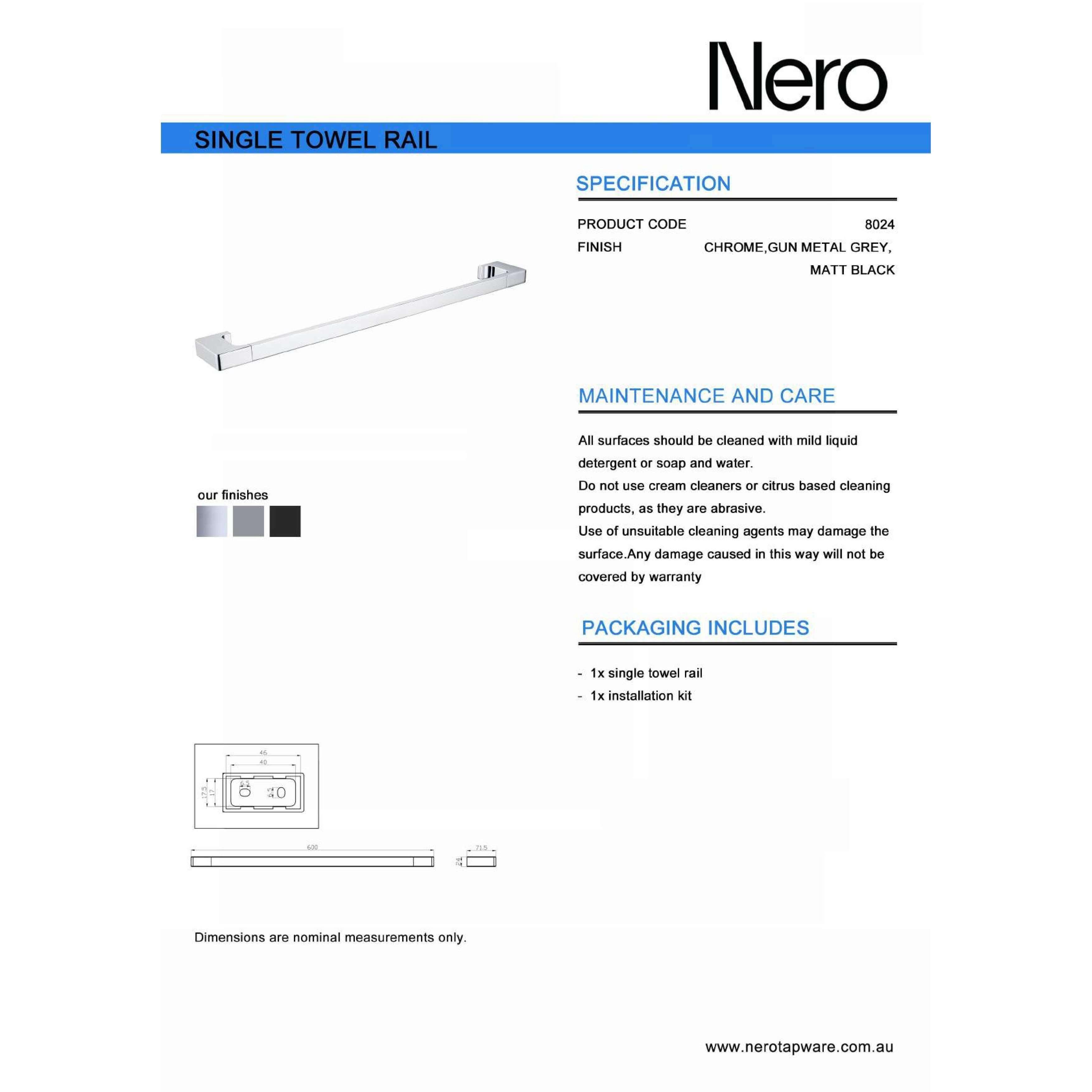 Nero Pearl/Vitra Single Towel Rail 600mm - Chrome - Burdens Plumbing